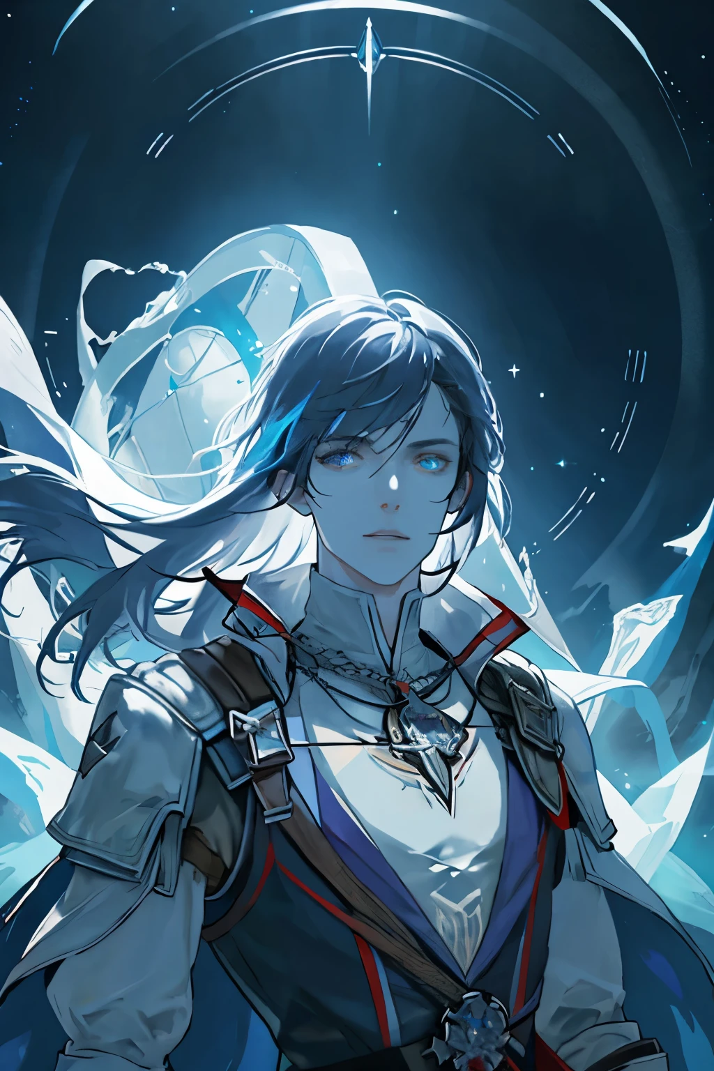 masterpiece, best quality, 1 male, Assassin fron Assassin's Creed, mature, tall muscular guy, Dark theme, Magic circle, glowing sparkles, rainbow Sunlight, Underwater, Reflected mirror, floating piece of Glass, Rainbow light, wind Swirling, Aurora, fantasy scenery, Starlight around the character, (upper body)