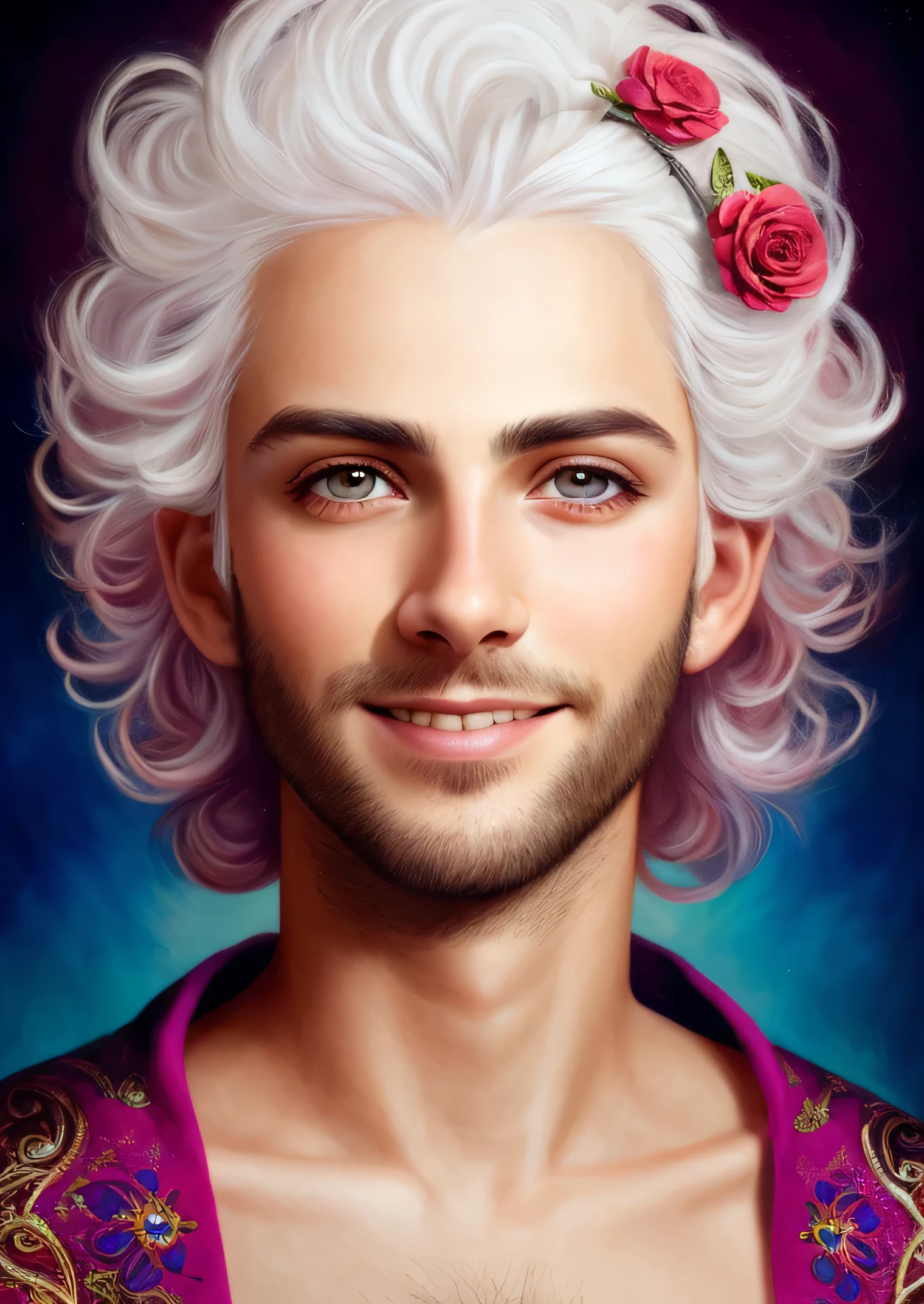 Handsome guy in oil painting style，cheerful，Elaborate Eyes，Round pupils，Short gray hair，Long sleeve lower headband，intricate hair details，rose background，4K，Extremely colorful，Fantasy magic，texture on clothes，glowworm，