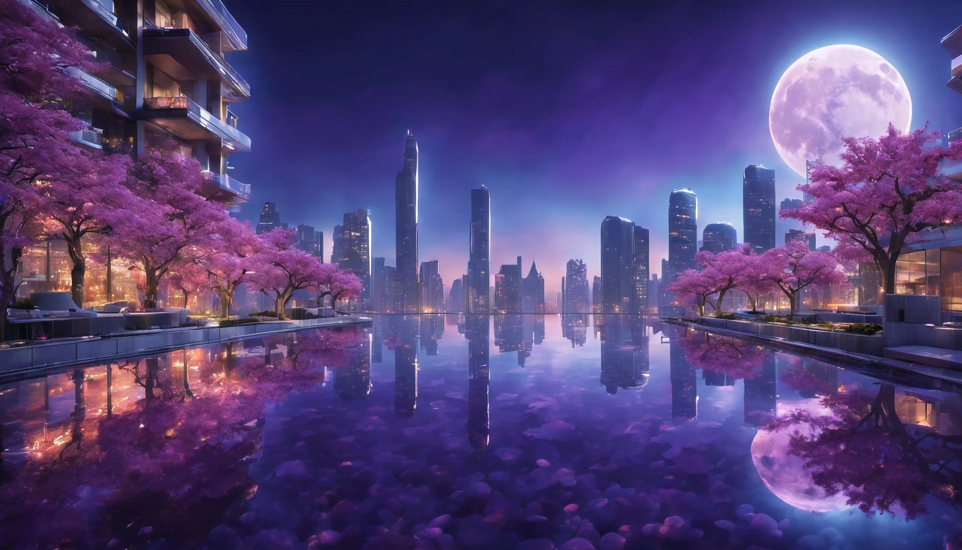 (Masterpiece in maximum 16K resolution), the best quality, (very detailed CG unity 16k wallpaper quality),(Soft colors 16k highly detailed digital art),Super Detailed. | Stunning reflections, the best reflections ever, (glow), (particle effects), Isometric 3D, Octane Rendering, Ray Traced. | a large City waterfront, (a_red_full_moon_night),(sakura flowers floating), The mysterious atmosphere of city night art, great environment, subtly illuminate, city night art behance,Surreal.