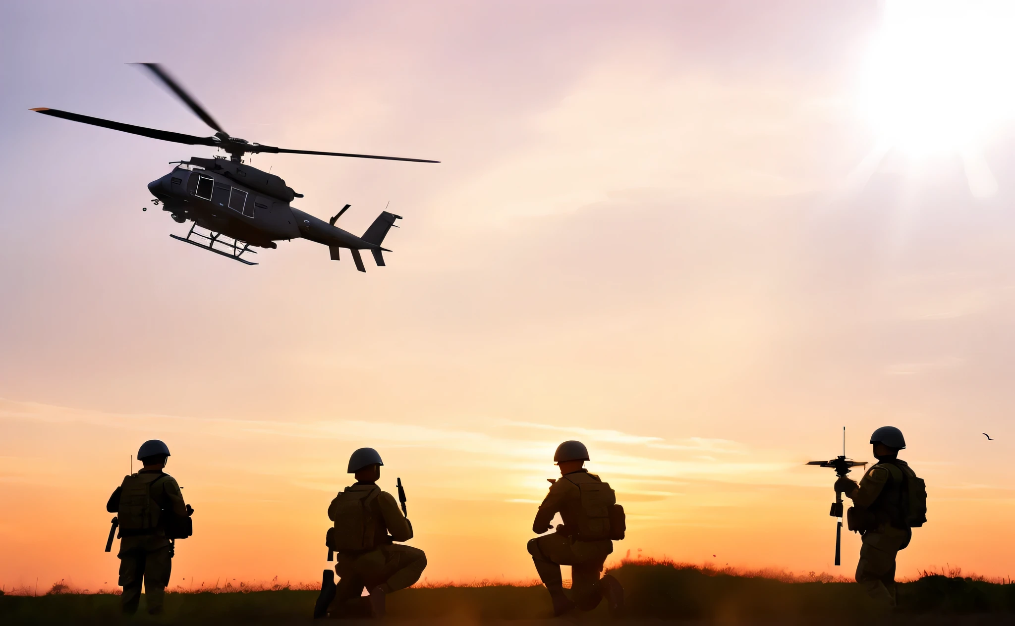 plat are silhouetted against a sunset sky as a helicoptere flies overhead, helicopteres firing, air support, helicopteres, army, helicoptere drones, plat, helicopteres and tremendous birds, several plat, army photography, impeccable army composure, special forces security, at sunrise, us plat, perfect army composure, At sunset, black helicopteres, helicoptere, hero shot, window shutters