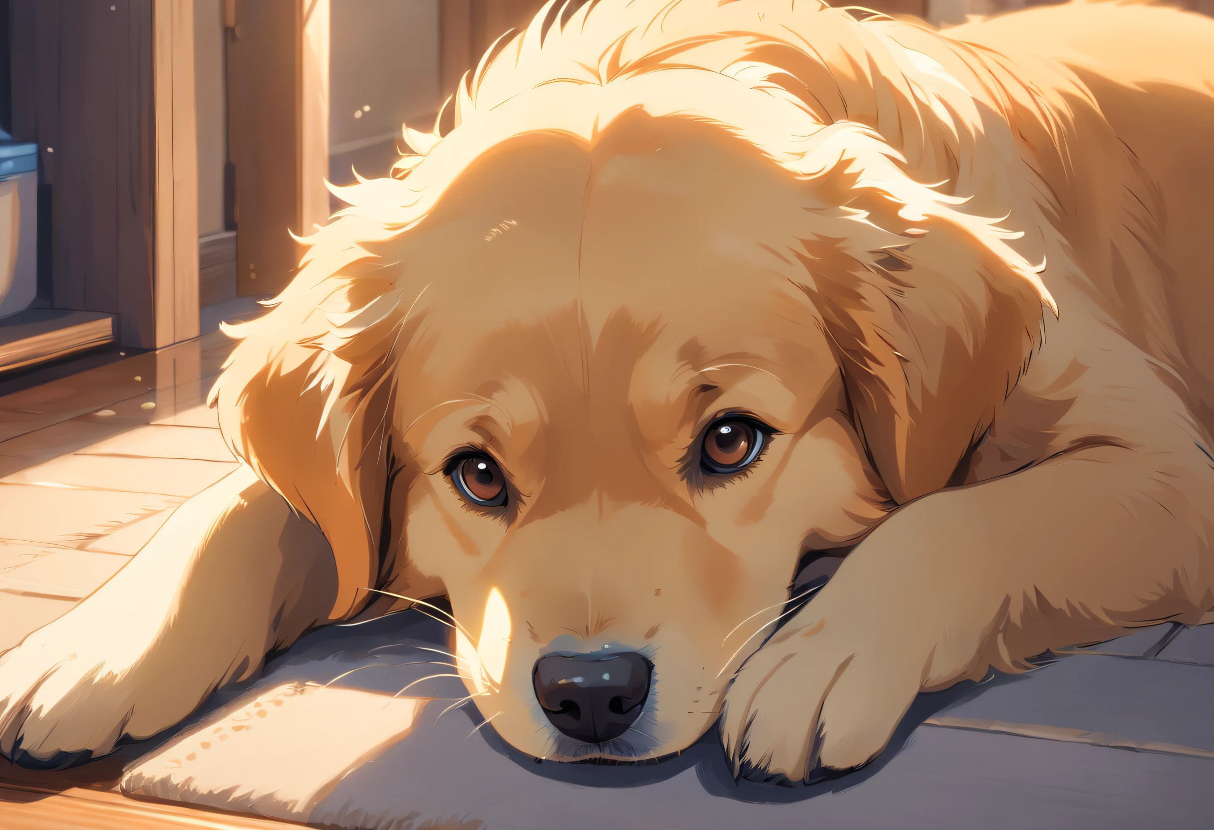 Cute Golden Retriever,Detailed eyes and fur, Sitting in a sunny home, Soft, Warm lights illuminate the scene, Highlight the delicate facial features of golden retrievers. Golden Retriever’s coat is soft and shiny, Subtle variations in gray and tan tones. Eyes are a wonderful combination of brown, Features intricate patterns that reflect sunlight. The overall image quality is of the highest standard, Features ultra-detailed fur and realistic textures. Colors are vivid and harmonious, Soft tones combined with vibrant tones. Lighting creates a warm and inviting atmosphere, Casts soft shadows on the ground and adds depth to the scene.