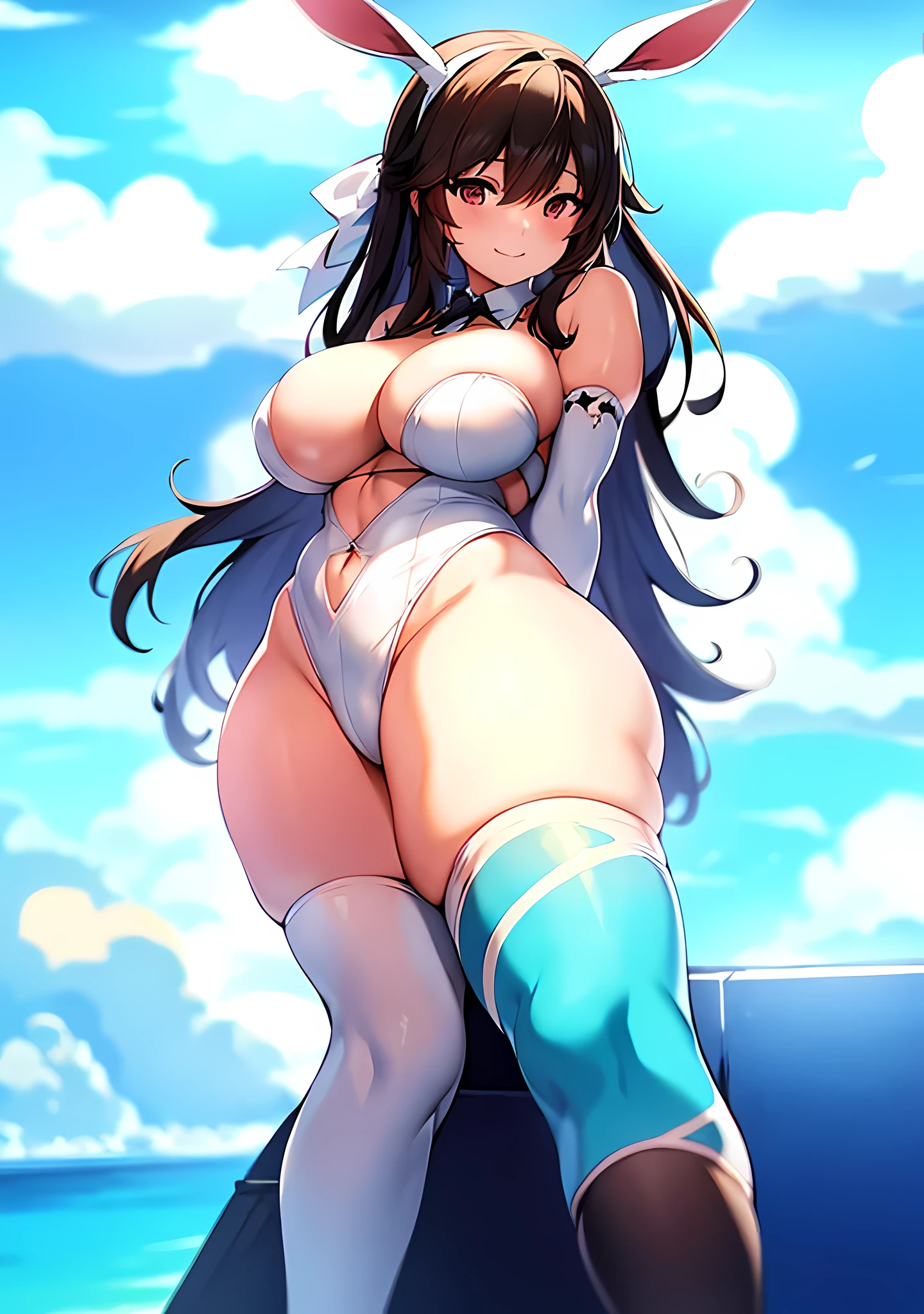 anime girl with big boobs and bunny ears posing in the sky, small curvy loli, oppai, with a large breasts, blue archive, asuna ichinose, top rated on pixiv, big breasts!, pixiv 3dcg, with large breasts, seductive anime girl, big breasts!!, teasing smile, pixiv, at pixiv, fluffy chest, thicc, side boob