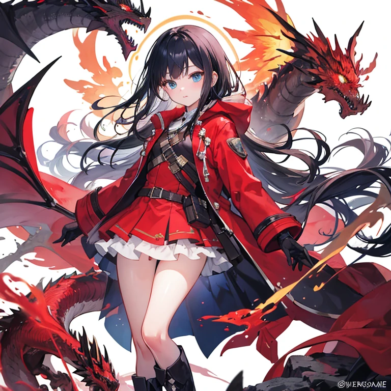 A cool little girl,Long black hair and blue eyes，Long red coat，boots，Phoenix gloves，Dragons and Phoenixelame element