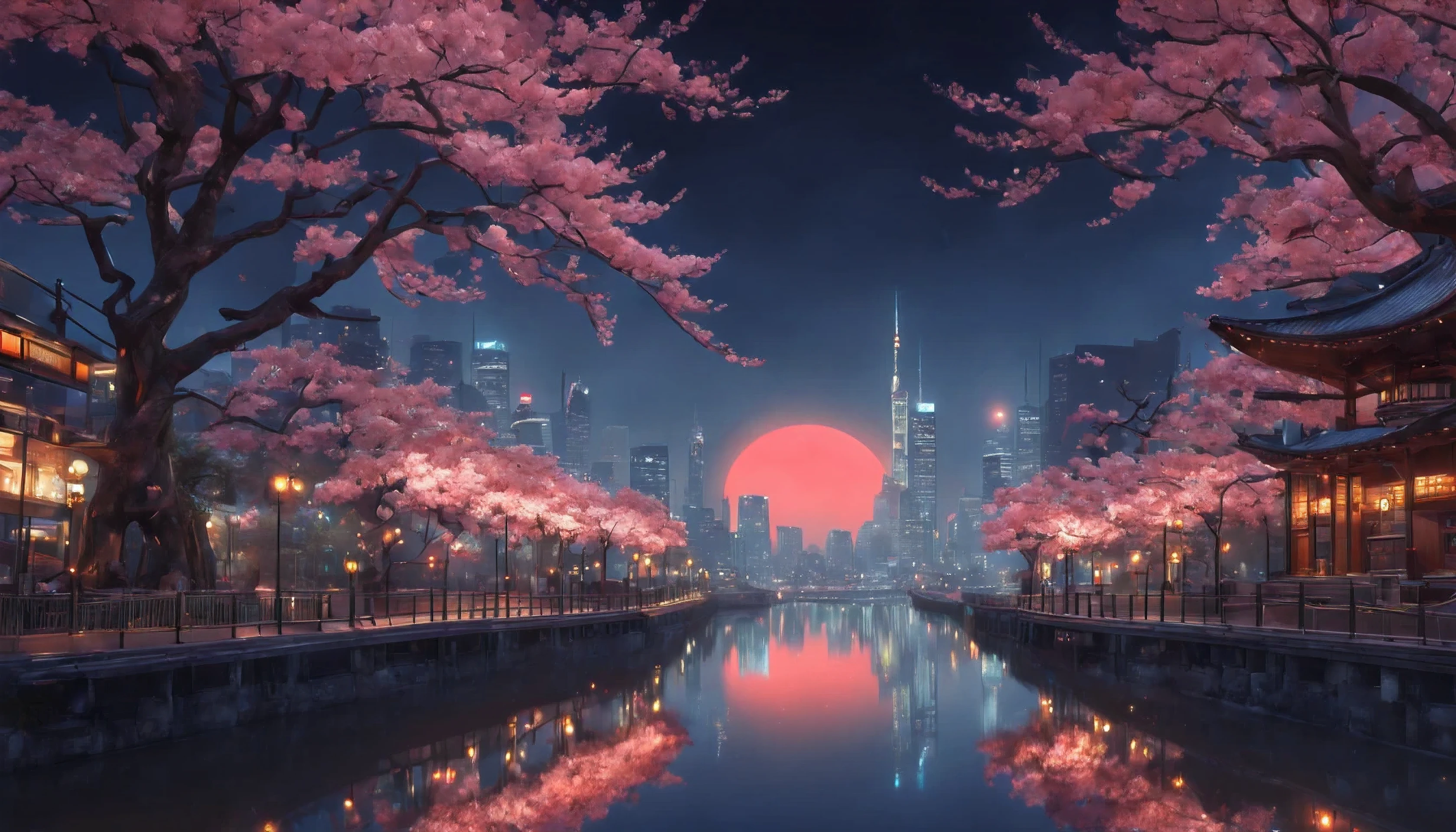 (Masterpiece in maximum 16K resolution), the best quality, (very detailed CG unity 16k wallpaper quality),(Soft colors 16k highly detailed digital art),Super Detailed. | Stunning reflections, the best reflections ever, (glow), (particle effects), Isometric 3D, Octane Rendering, Ray Traced. | a large City waterfront, (a_red_full_moon_night),(sakura flowers floating), The mysterious atmosphere of city night art, great environment, subtly illuminate, city night art behance,Surreal.