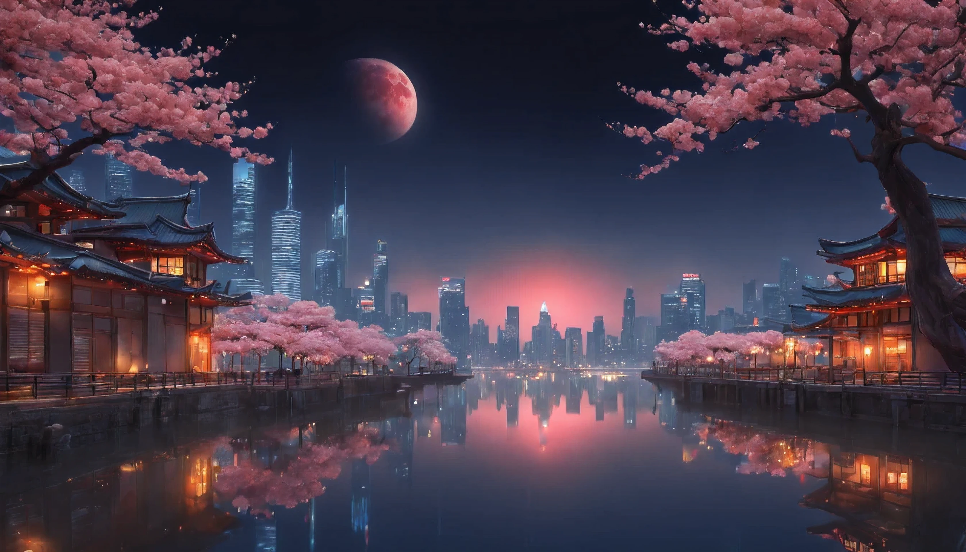 (Masterpiece in maximum 16K resolution), the best quality, (very detailed CG unity 16k wallpaper quality),(Soft colors 16k highly detailed digital art),Super Detailed. | Stunning reflections, the best reflections ever, (glow), (particle effects), Isometric 3D, Octane Rendering, Ray Traced. | a large City waterfront, (a_red_full_moon_night),(sakura flowers floating), The mysterious atmosphere of city night art, great environment, subtly illuminate, city night art behance,Surreal.