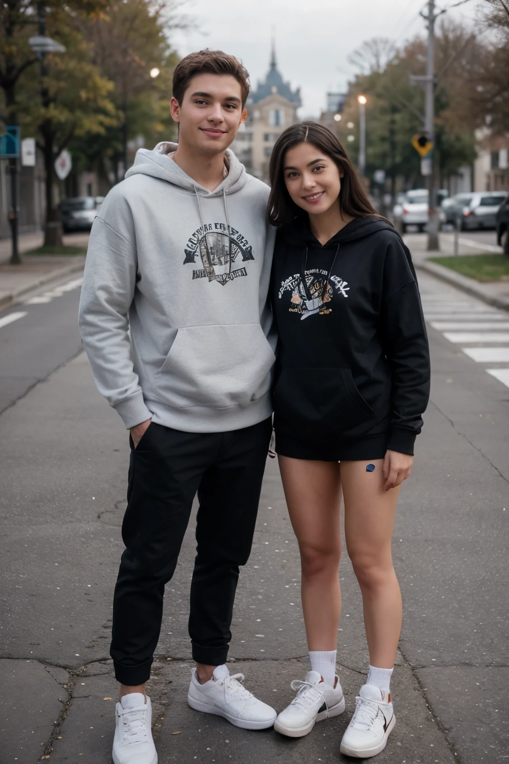 ((best quality)), ((masterpiece)), (detailed), perfect face, girl use black hoddie and sneakers with boy, standing, couple, smile