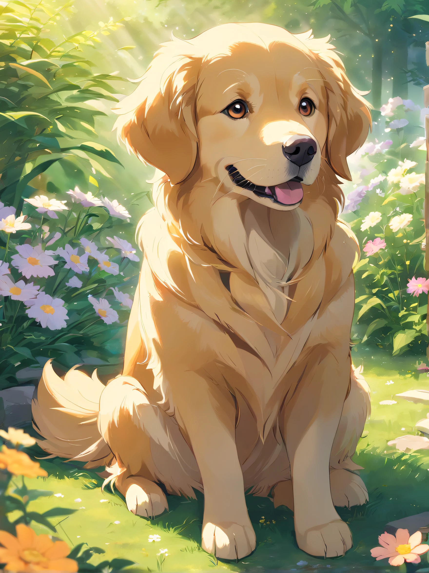 Cute Golden Retriever,Detailed eyes and fur, Sitting in the sunlit garden, Surrounded by colorful flowers. Soft, Warm lights illuminate the scene, Highlight the delicate facial features of golden retrievers. . The garden is lush,Full of life, Overgrown with tall grass and flowering plants of various colors. Golden Retriever’s fur is soft and shiny, Subtle variations in gray and tan tones. Eyes are a wonderful combination of yellow, Features intricate patterns that reflect sunlight. The overall image quality is of the highest standard, Features ultra-detailed fur and realistic textures. Colors are vivid and harmonious, Soft tones combined with vibrant tones. Lighting creates a warm and inviting atmosphere, Casts soft shadows on the ground and adds depth to the scene.