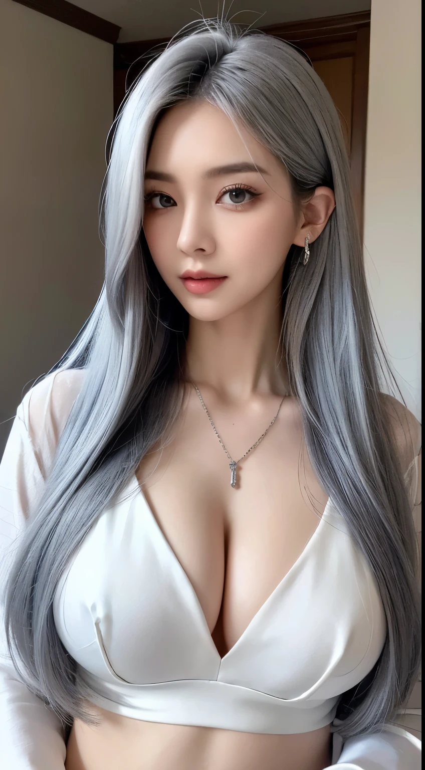 close up，1 girl，25 age old，Delicate face shape，is very beautiful， 独奏， [Shiny hair，light grey hair： lightblue hair：0.2]， jewely，Silver necklace， looking at viewert， ssmile，黑The eye，Perfect and beautiful face shape，Detailed and perfect body shape，Perfect Finger，long whitr hair， The shirt，Black ladies suit， station， streaked， inside in room， 耳Nipple Ring，hight contrast， natta， deep colour。