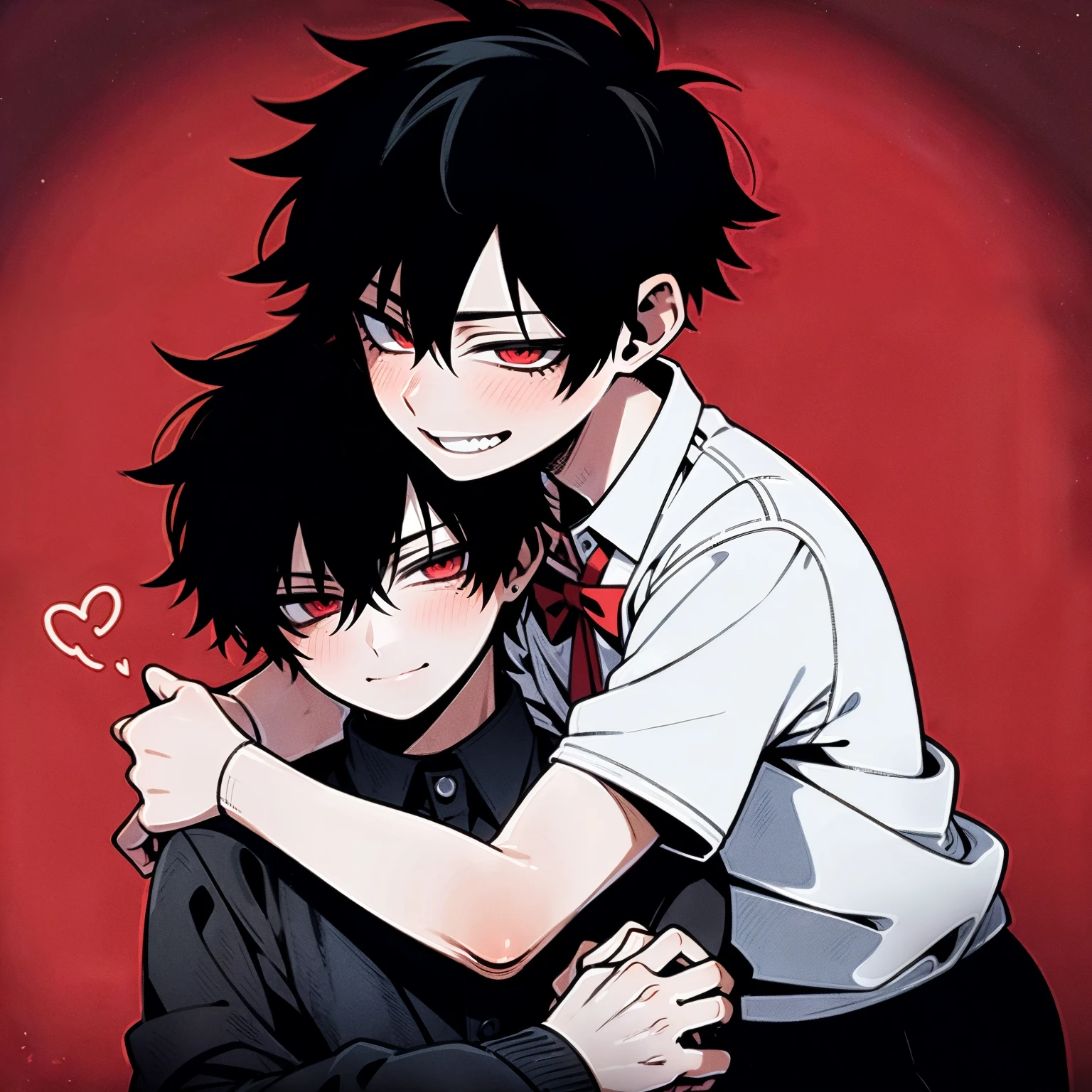 (Masterpiece), (best quality), ((super-detailed)), 2 boys, 15-years-old, handsome, gay, ((yaoi)), eye contact, hugging, heart, romantic style, school uniform, watch, school, holding each other's hands, affectionate touching, BREAK (boy1: red eyes, black hair, blush, serious) BREAK (boy2: closed eyes,  black hair, very short hair, shirt, smiling)