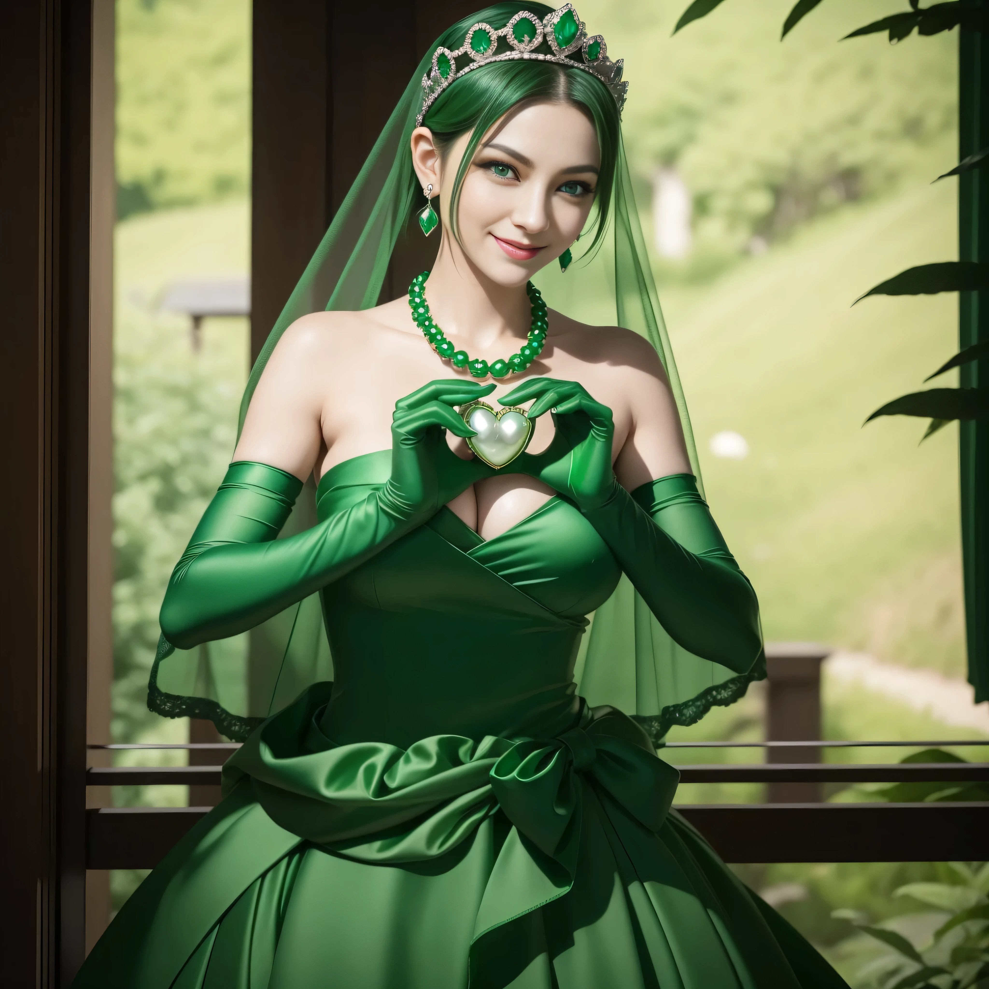 emerald tiara, Green Pearl Necklace, Boyish very short green hair, lipsticks, Japan woman smiling, very short short hair, big breasts beautiful, Green eyes, Long green gloves made of satin material, Green eyes, Emerald Earrings, green vale, 両Heart in the hand, Heart in the hand