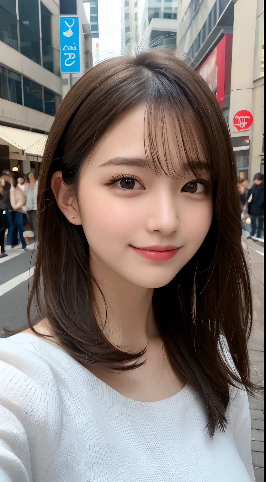 masuter piece, Best Quality, Illustration, Ultra-detailed, finely detail, hight resolution, 8K Wallpaper, Perfect dynamic composition, Beautiful detailed eyes, long-sleeved dresses,Medium Hair, Natural Color Lip, Random and sexy poses,Smile,Aoyama Street Walk、20 years girl、Blur the background、Small face、Beautiful detailed face、Perfect and beautiful face