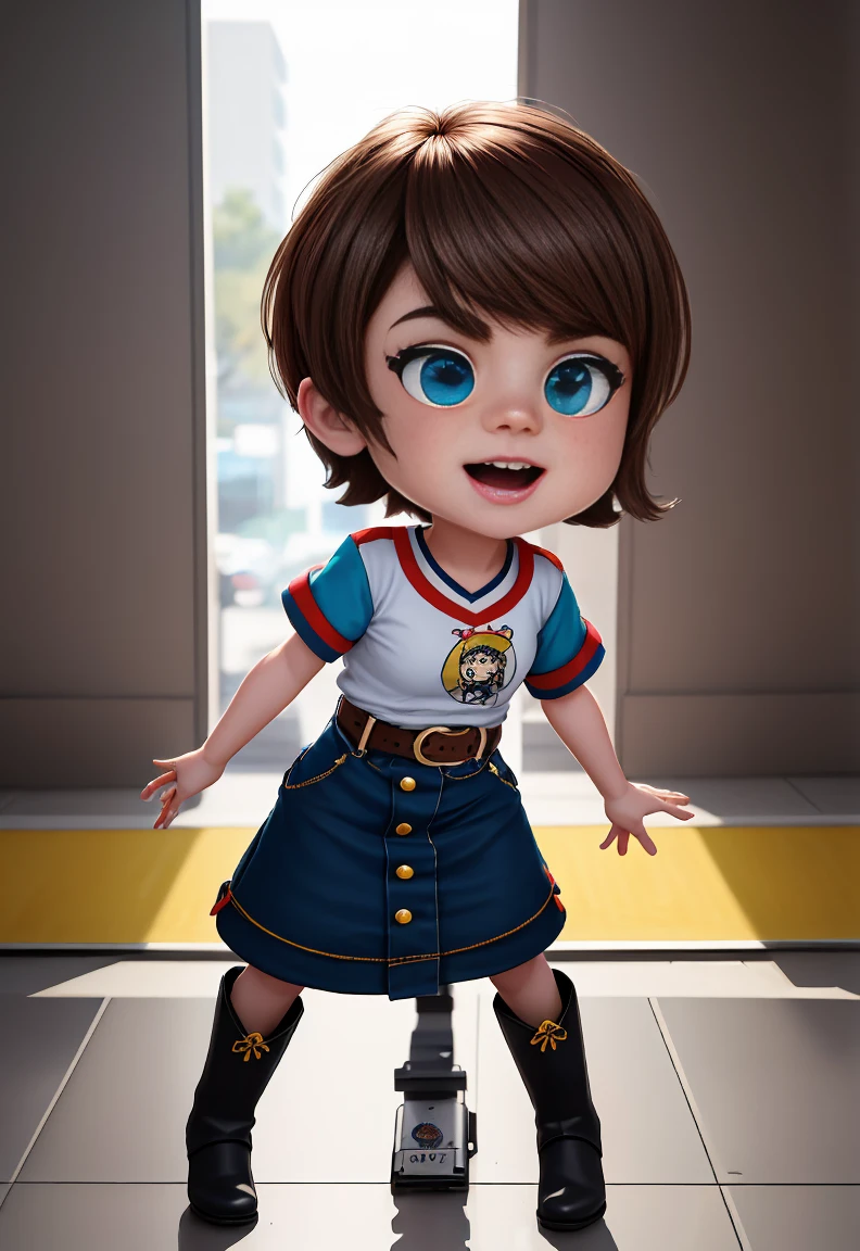 highres, shadows, absurdres, best_quality, ultra_detailed, 8K, extremely_clear, Cinematographer, hermoso, foco nítido, HDR,
A cute pop singer with short light brown hair , pixie cut and symmetrical blue eyes with freckles on cheeks and nose, sostiene una guitarra electrica y canta , wears purple t-shirt with skull image , white belt, with a lilac skirt long boots with heels , with a dynamic angle, capturada en una toma de vaquero altamente detallada, exudando una feliz, con tonos relajantes y una mezcla contrastante de luz y sombra, todo mientras enfatiza el cabello, los ojos, the mouth and action of the subject in a composition that is pleasing to the eye and stimulating , escenario , TLH