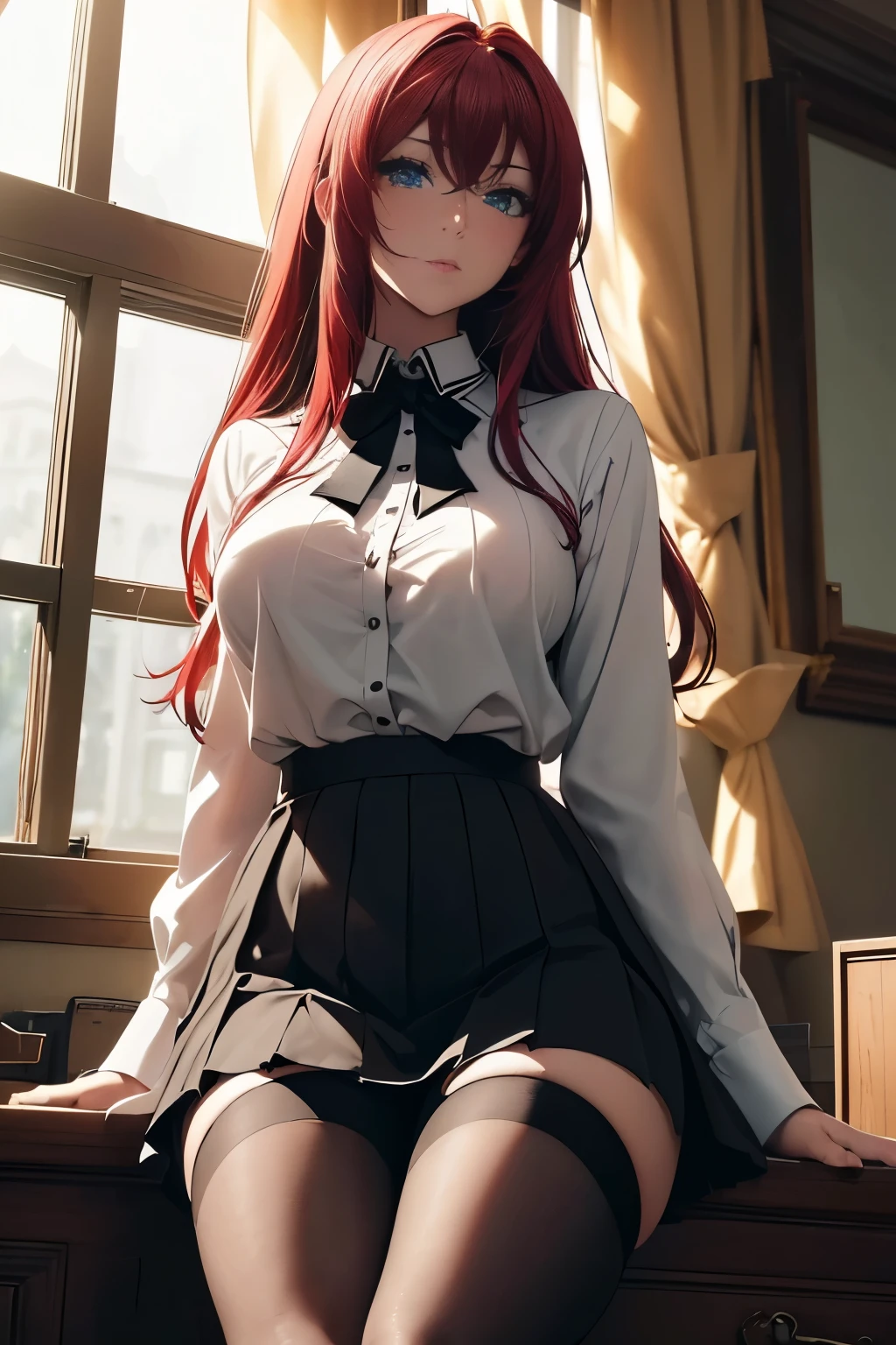 (Masterpiece:1.2, high quality:1.2), (solo:1.2), (1girl:1.2), (pixiv:1.4), (Rias gremory), indifferent, (glare:0.8), crimson red hair, wavy long hair, sharp bangs, crystal green eyes, (detailed eyes), double eyelids, black eyeshadow, long eyelashes, pale pink lips, beautiful face, detailed face, neckline, collarbone, busty cleavage, (beautiful round breats:1.2), school uniform, unbuttoned shirt, pleated skirt, black panty, exposed pantyhose, (pov from below), lower angle, stockings, thighs, sitting on desk, dynamic lighting, (window), windowsill, sunny day, blue sky, ((detailed face)), ultra-detailed, intrinsic details, vivid colors, high contrast, natural beauty, aesthetic indoors, classroom background, HD, 4k, (highres:1.5), professional photography, blurry background, sharp focus on face