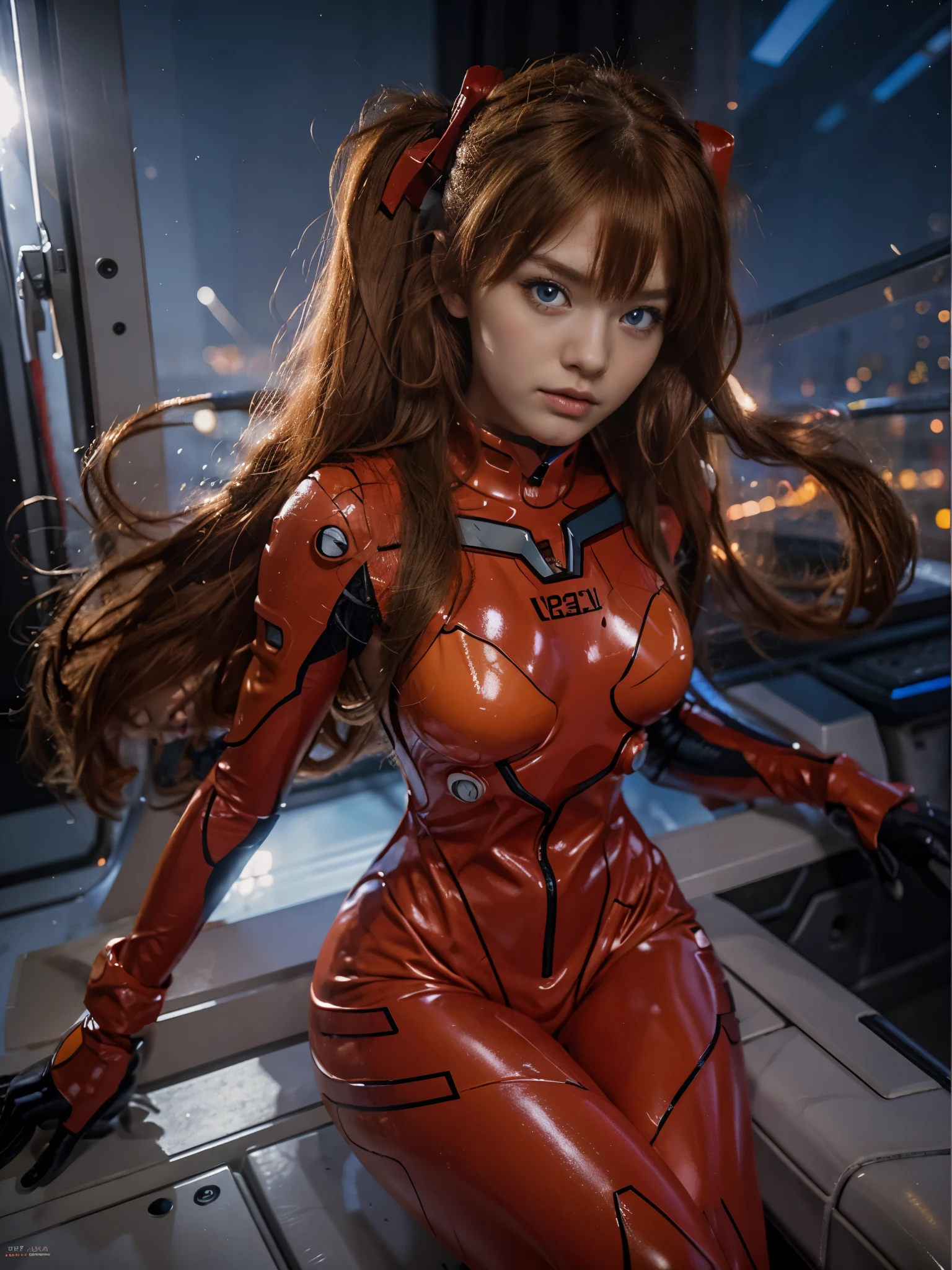 (best quality), high resolution, Asuka Langley Soryu, Beautiful Pretty Mixed German Babe, ((Beautiful face)), sexy lips, Gingers Twin tails headband long Hair, intense gaze, dark blue detailed beautiful eyes, combine realism and anime influence, full red plugsuit, earth as background, asuka langley plugsuit