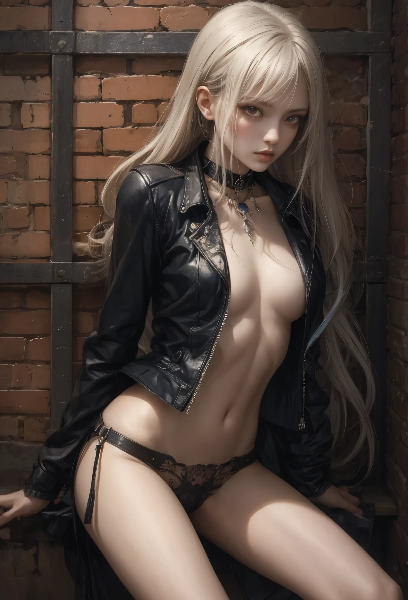 (Detailed illustrations,Very detailed and detailed drawing,Delicate lines with slow and rapid,Realistic texture expression),[Color tressed main line],dim room[prison[Walls and ceilings with exposed bricks that have deteriorated over time]],(japanes(Very Beautiful  Girl)[14year)silber hair (bony and thin body[morbid]SKINNY),[leather [Bondage Fashion],Vampire,(Fine and beautiful skin expression [Transparency]),[完璧な目のdetaileds (Iris beautifully drawn in every detail)[Jewel-like eyes]],[long and beautiful eyelashes],[Meticulously drawn hair],(完璧な手のdetaileds [Beautiful fingers without breakdowns [Beautiful nails]]),(Perfect Anatomy(Perfectly proportioned))[[Full body like]],[Ideal color coordination(Accurate simulation of light-material interactions)],([Precision Detail](detaileds,high-detail)),[[Pale and gentle colors]][Visual art that conveys a sense of narrative] [[Eros in the Natural Body]].