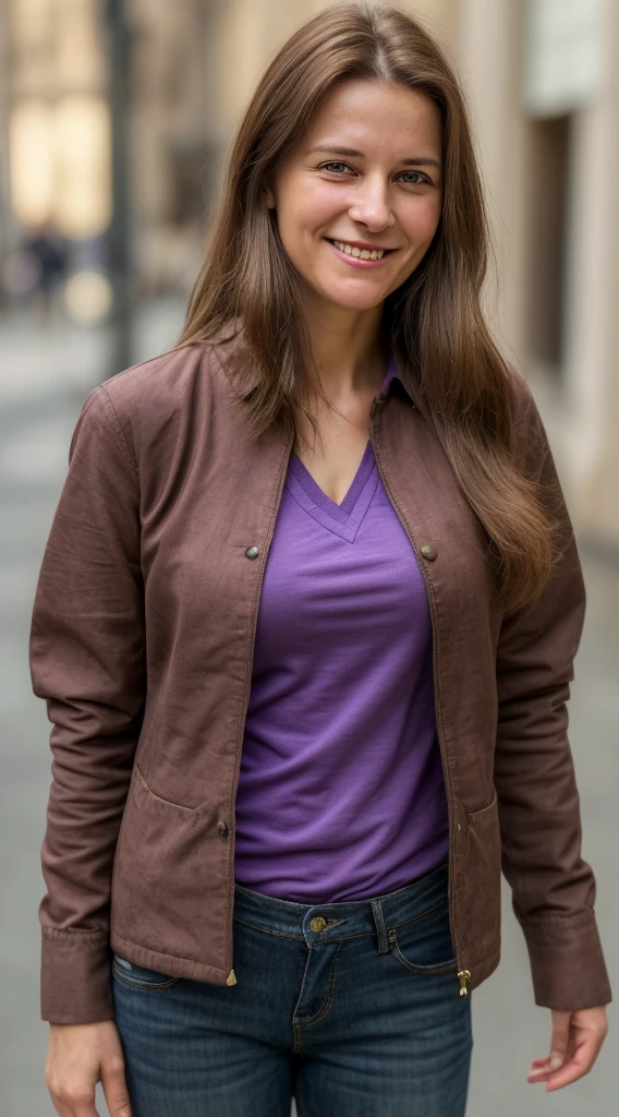 smiling woman with brown hair and a purple shirt and a brown jacket, stephanie welsh-katinka reinke-véronique meignaud-louise dalh wolfe-linn olofsdotter-jean james-sandra chevier-virginie ropars merged, entire body visible, full body, hyperrealistic, best quality, 8K, masterpiece, extremely intricate, detailed eyes, detailed face, detailed body, exaggerated features, pronounced features, fujifilm