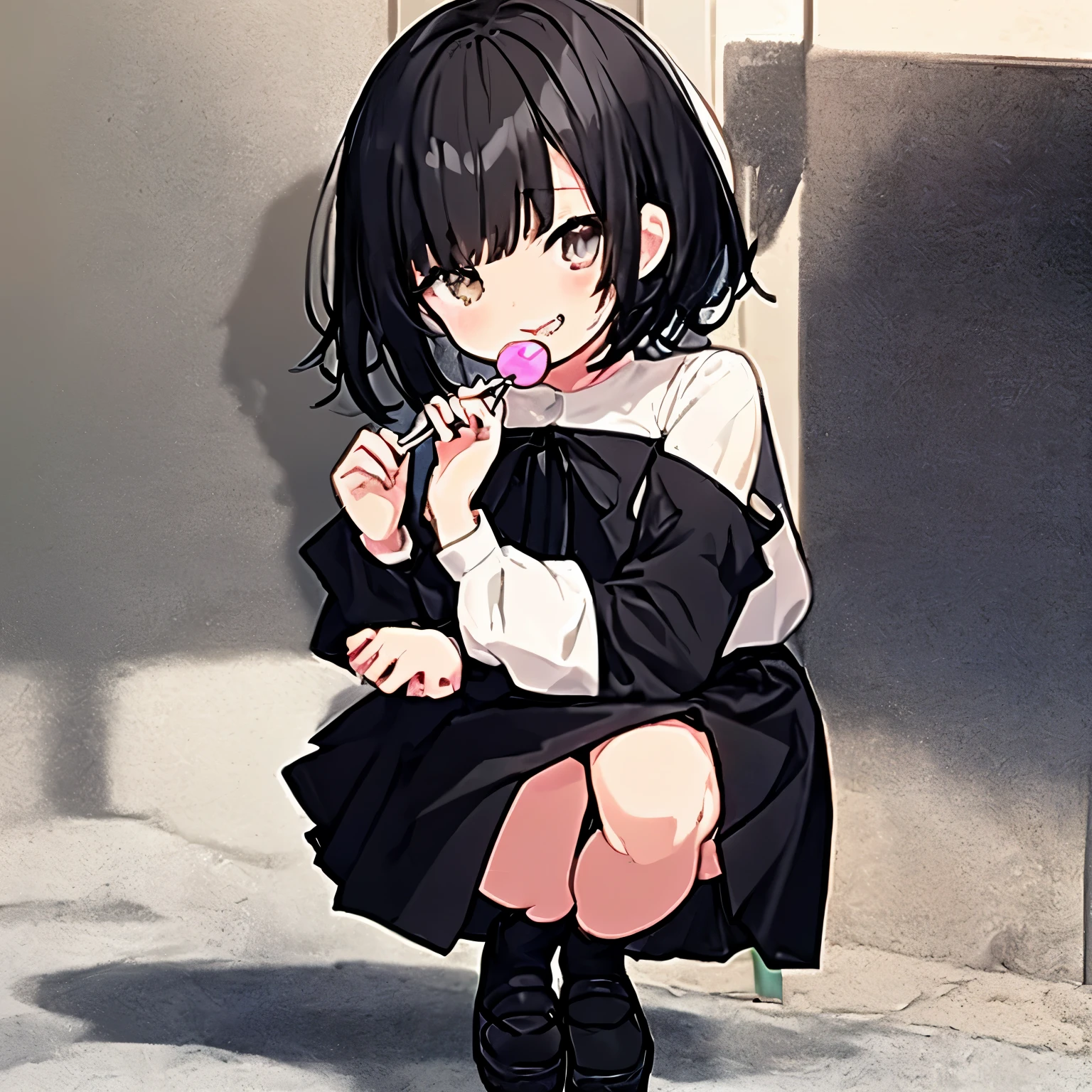 Anime girl in black skirt smiling happily, Squatting on the ground and eating a lollipop、black hair short hair, Anime visuals of a cute girl, Anime girl in black skirt, Anime cute art style, Flat anime style, anime vtuber full body model, up of young anime girl, Anime full body illustration, Anime style characters, An anime girl, anime set style, A single character full body