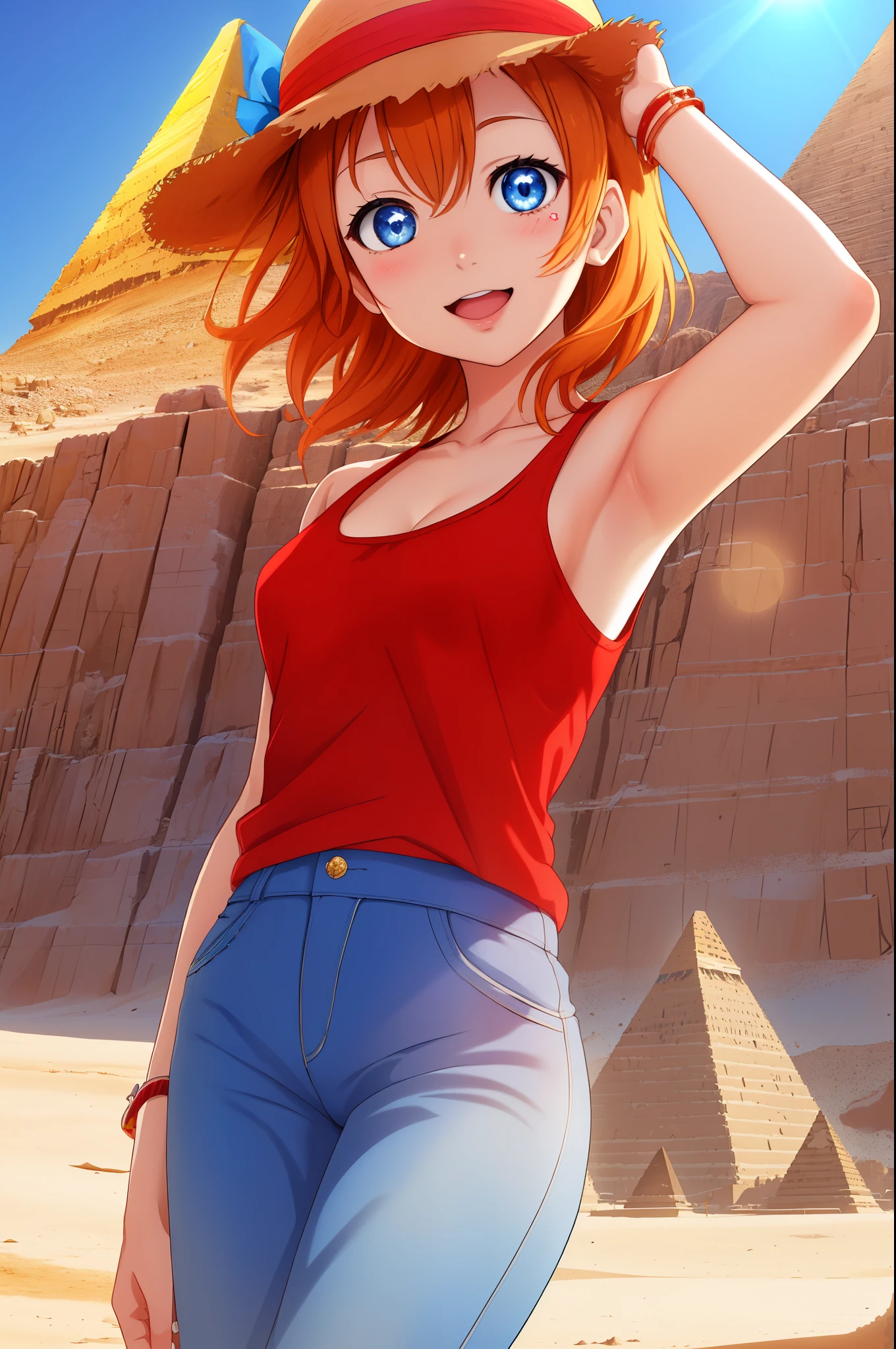 ((Masterpiece)), cowboy shot,kousaka honoka, blue eyes, cheerful pose,facial details, red tank top, blue pants,glowing eyes, in Egyptian desert,sun and pyramid in background.