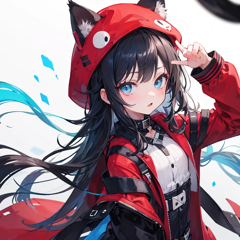 A cool  girl,Long black hair and blue eyes，Red and black mixed jacket，cat ear hat