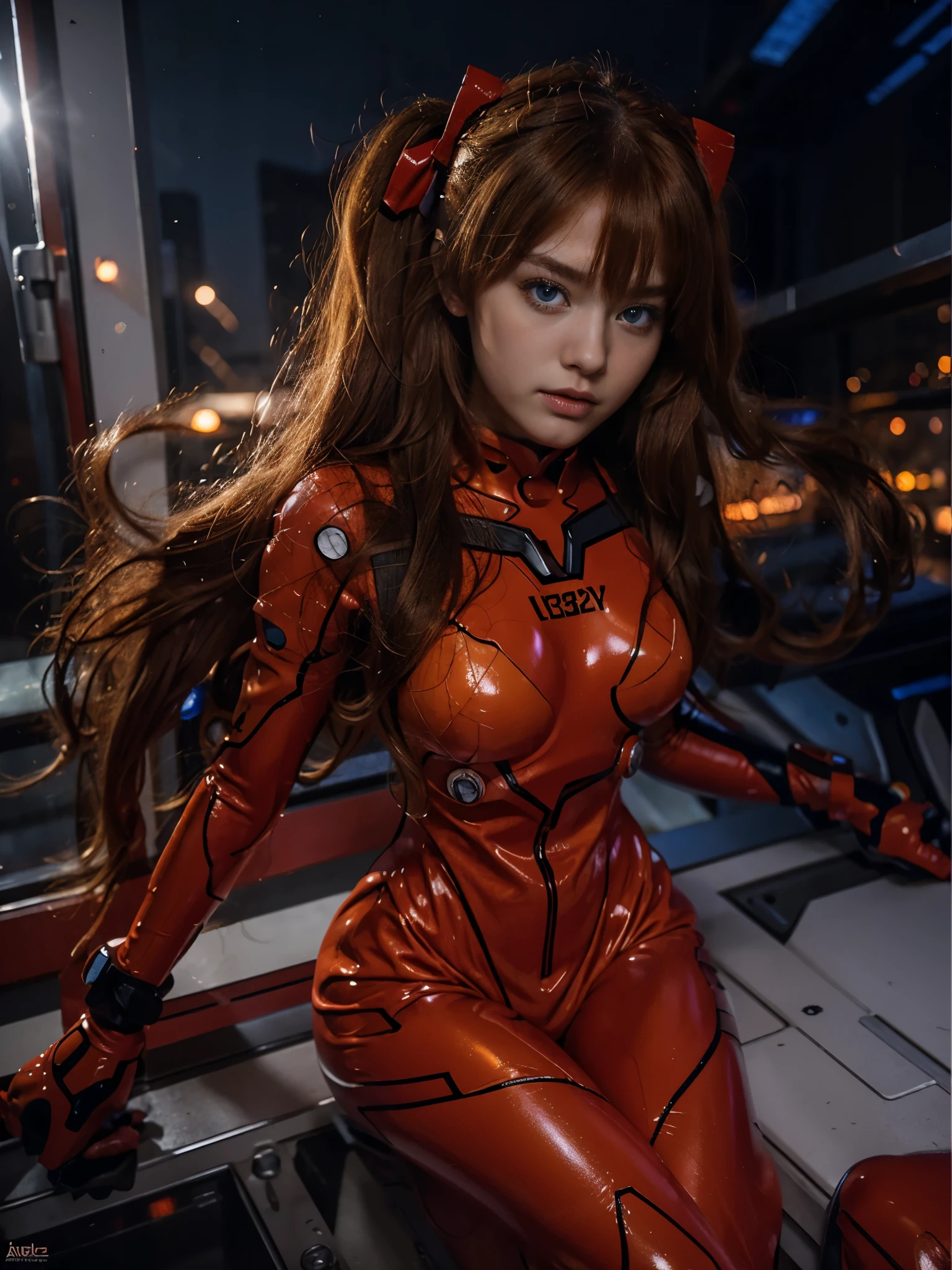 (best quality), high resolution, Asuka Langley Soryu, Beautiful Pretty Mixed German Babe, ((Beautiful face)), sexy lips, busty body, Gingers Twin tails headband long Hair, intense gaze, dark blue detailed beautiful eyes, combine realism and anime influence, full red plugsuit, earth as background, asuka langley plugsuit