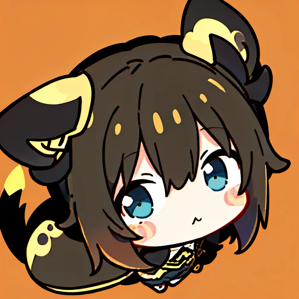 1chico en,Orejas de gato,(Chibi:1.2),enojarse,cabello ?????,cuerpo completo Esbian, ropa negra con dorado