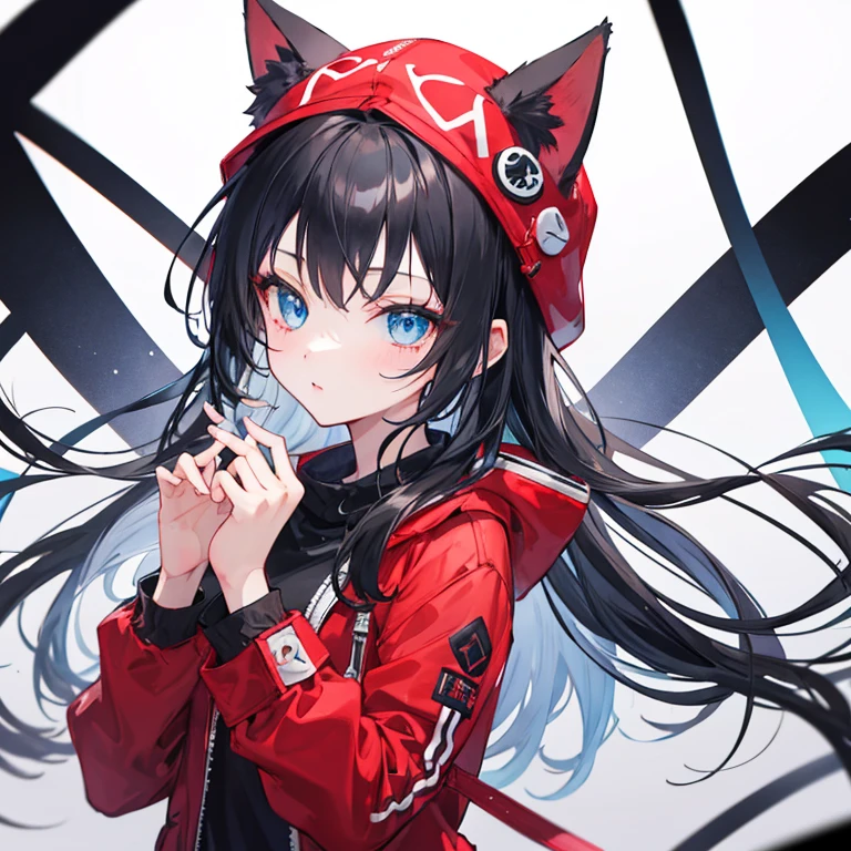 A cool little girl,Long black hair and blue eyes,Red and black mixed jacket,cat ear hat,rap leader