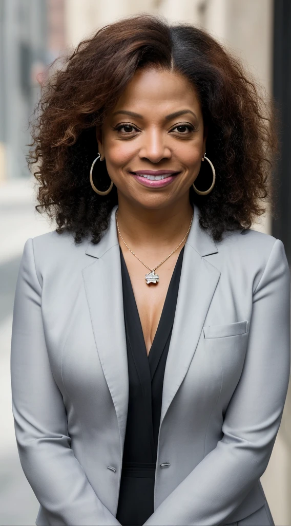 there is a woman with a necklace and earrings smiling, this person does not exist, mixed-race, wearing a formal business suit, luna lauren velez-leslie uggams-perry johnson jerald-taraji p henson-tamron hall-queen latifah-sarah palin-luciana carro-allison janney-meagan good-mira nair merged, entire body visible, full body, hyperrealistic, best quality, 8K, masterpiece, extremely intricate, detailed eyes, detailed face, detailed body, exaggerated features, pronounced features, fujifilm