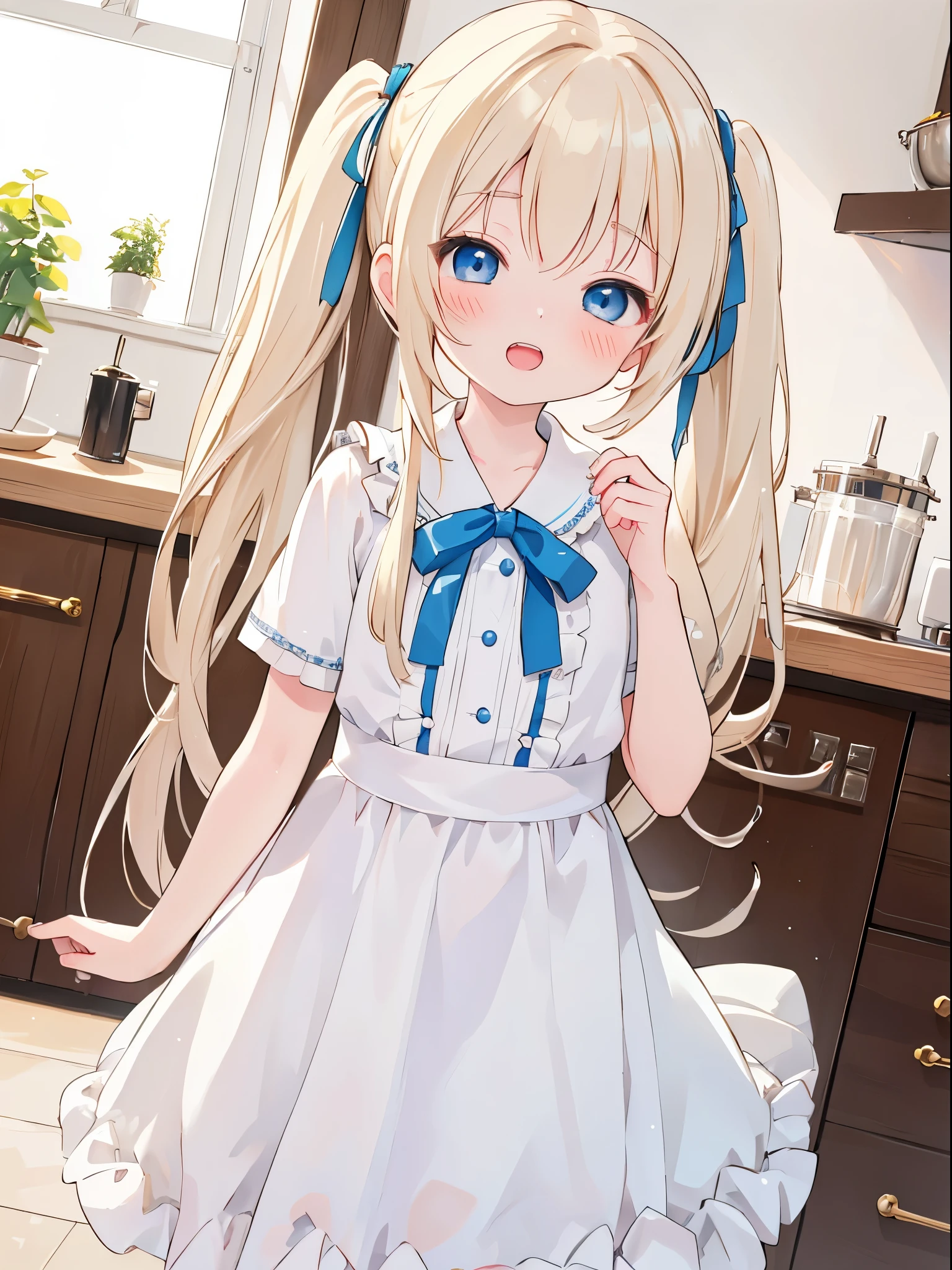 ((4K, ​master piece, Best Quality)),  s,pale blond hair, Blue eyes,very long twintails,Laugh,double tooth,Closed eyes,Looking at Viewer,Lens Flare, cute epron, kitchen, making sweets