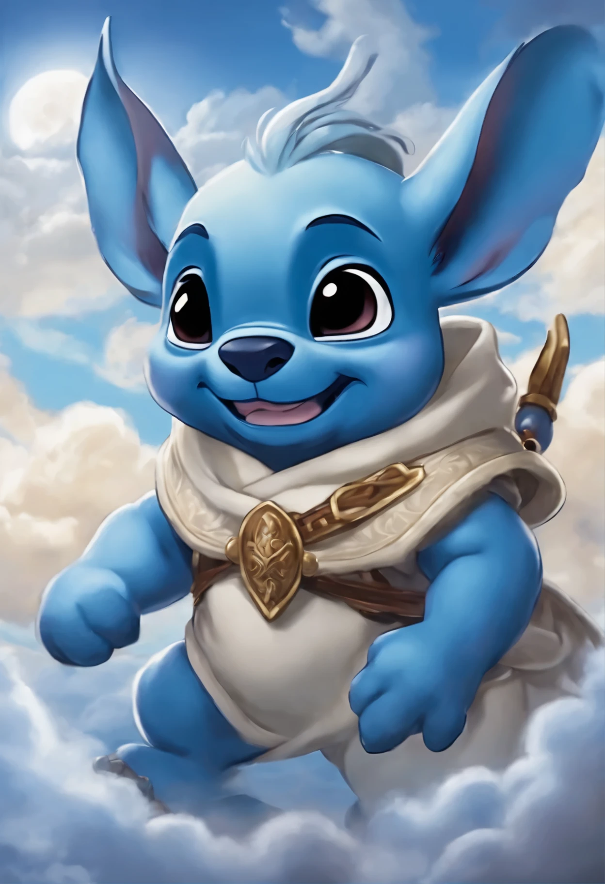 Close-up of cartoon alien creature Stitch in blue from the Disney animated series. "Lilo and Stitch", (Stitch race with the clouds, blue alien creature Stitch runs a race with the clouds, fluffy clouds, casimir art, illustration of shigenori soejima, boris valejo. Smiling stitch, Detailed drawing of an anime character, подробный anime key figure, Granblue Fantasy, Beautiful spaniel in the art of demon slayer, Taisho Roman, A clear portrait of an RPG, Masamune Shiro, anime key figure