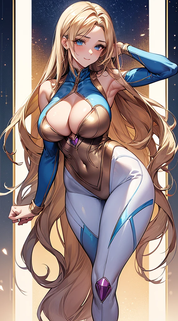 ((masterpiece)), ((high quality)), ((super detailed)), ((high resolution)) ,((8k)),a beautiful woman, ((She is one of the most famous actress in Japan.)), unparalleled beauty, ((large breast:1.4)), ((large ass)), ((deep cleavage)), slim waist, chest out, ultra detailed face, perfect skin, (((waist length hair, ((long straight golden hair)), crossed bangs))), blue eyes,  detailed eyes, whole body image, sexy, an inviting smile, sensual, (((anime))), ((glamorous)), sexual attraction ,23 years old, ((incredibly beautiful woman)), ((The H cup bust)), ((((sexy pose)))), ((neat and clean.)) , (((Power Ranger))), heroine,  (((high leg leotard power suit, white line on blue colored power suit, Reinforced power suit))),  ((beautiful breasts)), beautiful legs, 8 life size, anime:1.4, wet, the most beautiful and strongest, ((charm)), ((gravure pose)),((british beauty)), R-18,