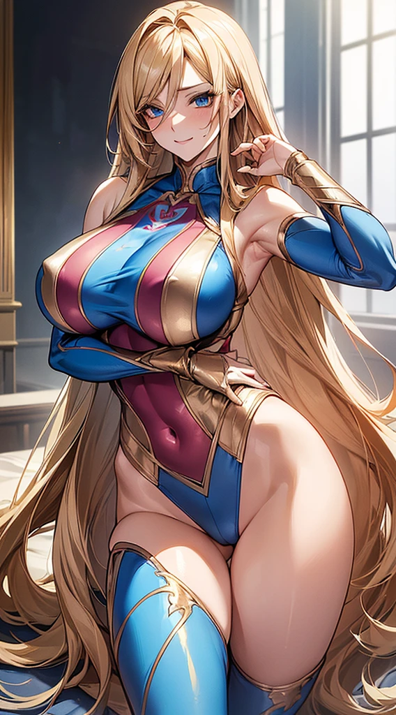 ((masterpiece)), ((high quality)), ((super detailed)), ((high resolution)) ,((8k)),a beautiful woman, ((She is one of the most famous actress in Japan.)), unparalleled beauty, ((large breast:1.4)), ((large ass)), ((deep cleavage)), slim waist, chest out, ultra detailed face, perfect skin, (((waist length hair, ((long straight golden hair)), crossed bangs))), blue eyes, detailed eyes, whole body image, sexy, an inviting smile, sensual, (((anime))), ((glamorous)), sexual attraction ,23 years old, ((incredibly beautiful woman)), ((The H cup bust)), ((((sexy pose)))), ((neat and clean.)) , (((Power Ranger))), heroine, (((high leg leotard power suit, white line on blue colored power suit, Reinforced power suit))), ((beautiful breasts)), beautiful legs, 8 life size, anime:1.4, wet, the most beautiful and strongest, ((charm)), ((gravure pose)),((british beauty)), R-18,