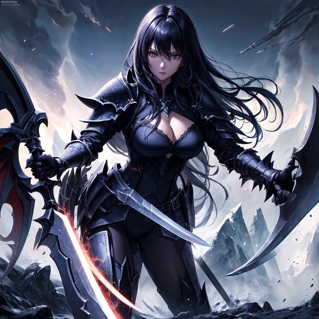 top-quality、(Very detailed 8k wallpaper),femele、A dark-haired、death knight medium shot, Wearing jet-black armor, Holding a scythe, Absolutely amazing art, Convoluted, high detailing, Dramatic