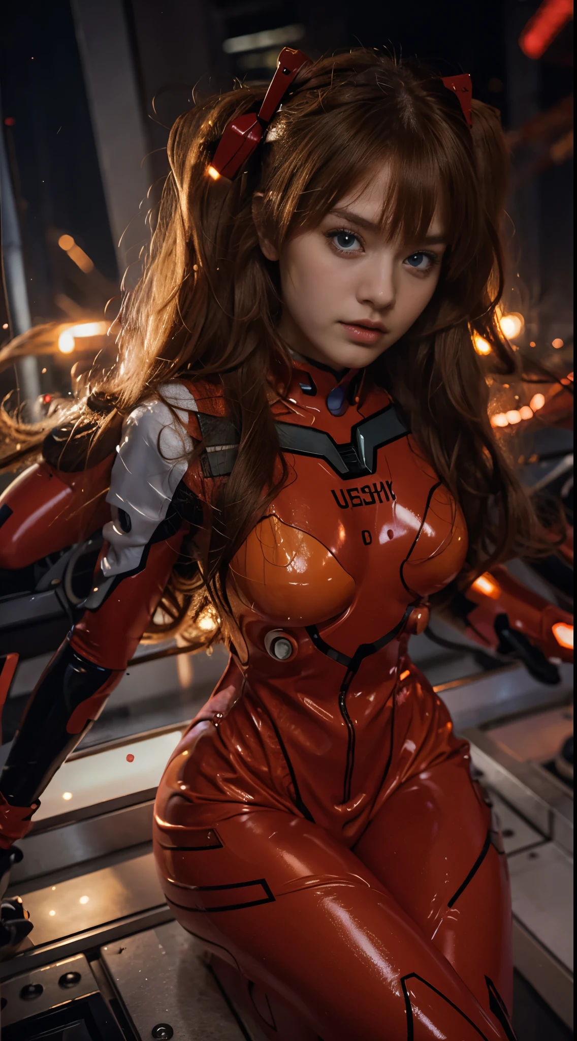 (best quality), high resolution, Asuka Langley Soryu, Beautiful Pretty Mixed German Babe, ((Beautiful face)), sexy lips, busty body, Gingers Twin tails headband long Hair, intense gaze, dark blue detailed beautiful eyes, combine realism and anime influence, full red plugsuit, earth as background, asuka langley plugsuit