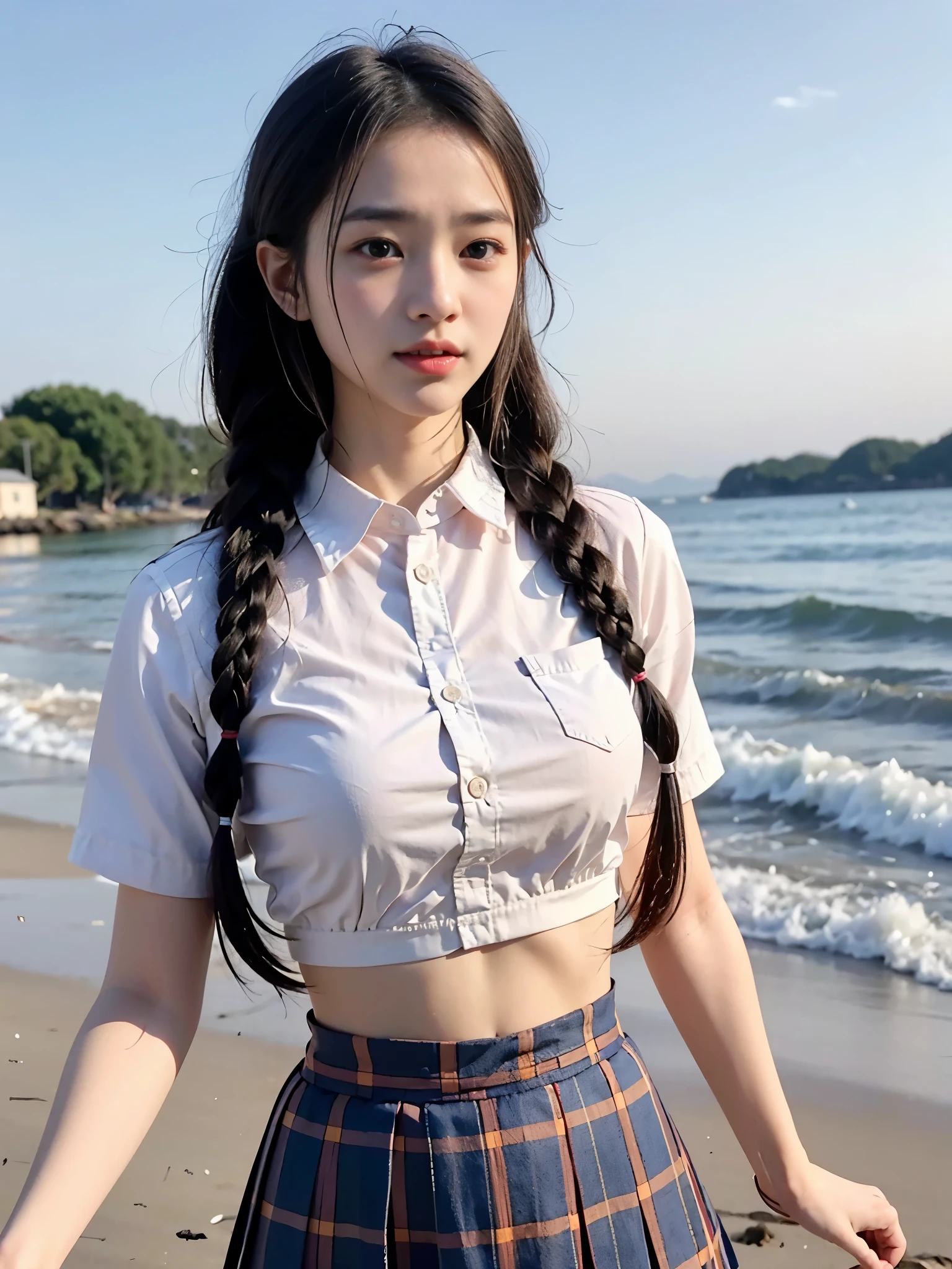 on  the  beach，RAW photos，8K，HighestQuali， 超高分辨率，Beautiful face details，Real human skin，An expression of happiness，up front view，From the angle below，Twist braids，realisticlying，realisticlying，adolable，long  skirt，Walking posture，adolable的女学生，Japanese schoolgirl uniform，Wearing a Japanese school uniform，校服，Surreal high school girl，（full bodyesbian: 1.38)，Cat earposing your navel