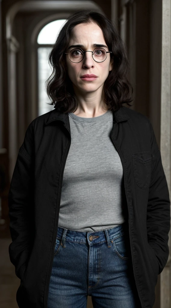 a woman with glasses and a black jacket with loose fitting jeans and sneakers, nerd, this person does not exist, probably in her 30s, she wears harry potter glasses, androgynous person, with black eyeglasses, gordon freeman as a woman, serious and stern expression, milli avital-isabelle adjani-sally hawkins-annie parisse-selma blair-winona ryder-gal gadot-charlotte riley-rose lesley merged, tomboy, entire body visible, full body, hyperrealistic, best quality, 8K, masterpiece, extremely intricate, detailed eyes, detailed face, detailed body, exaggerated features, pronounced features, fujifilm