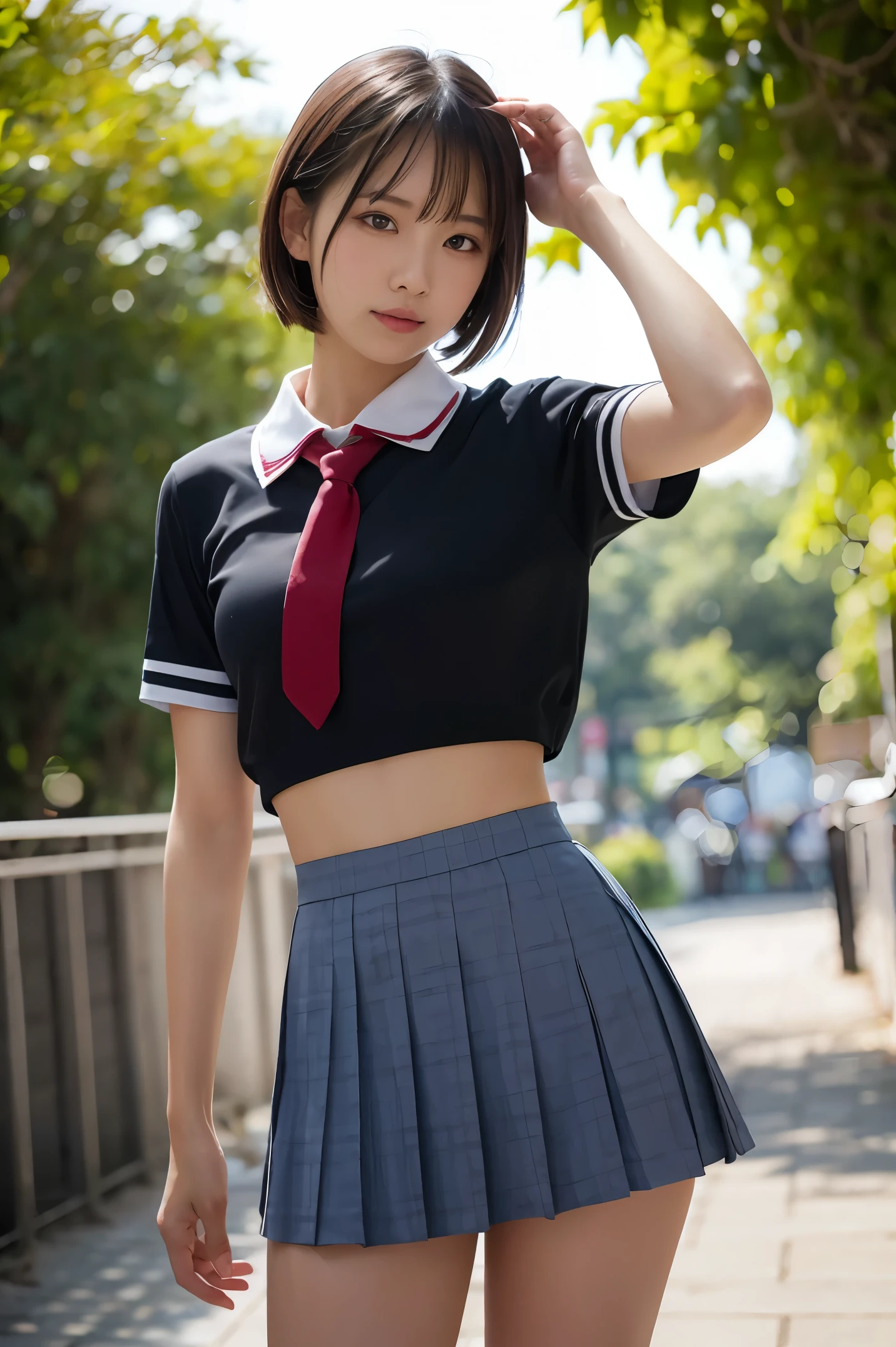 (8K、Raw photography、Highest quality、masterpiece:1.2),(Black Hair、Dark Eyes:1.9),(High school girls、school uniform:1.6)、View your audience,Viewed from the front,White skin,(:1.4)、(Tight waist:1.6)、(Clothes that accentuate the shape of the breasts:1.0)、(Big Breasts :1.3)、Slim figure、Ultra-high resolution,beautiful,beautiful fece,(One person、No background:1.9),whole bodyボディー,Japanese women,(reality的:1.37)、Photon Mapping,reality、(Baby-faced and cute: 1.4)、(Cute Smile: 1.8)、(Round face: 1.8)、Radio City、Physically Based Rendering、Depth of field rally background、photograph, (I can see your knees、Thigh close-up:1.8),(:1.6),whole body、Great quality