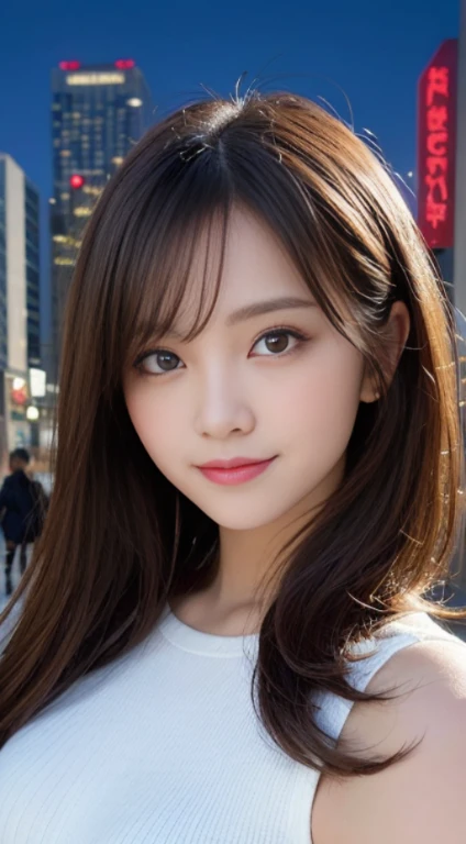 masutepiece, Best Quality, Illustration, Ultra-detailed, finely detail, hight resolution, 8K Wallpaper, Perfect dynamic composition, Beautiful detailed eyes, Winter dress,Medium Hair, Small breasts, Natural Color Lip, Random and sexy poses,Smile,Big city、20 years girl、Midnight、beautifull detailed face、Perfect and beautiful face,Big eyes