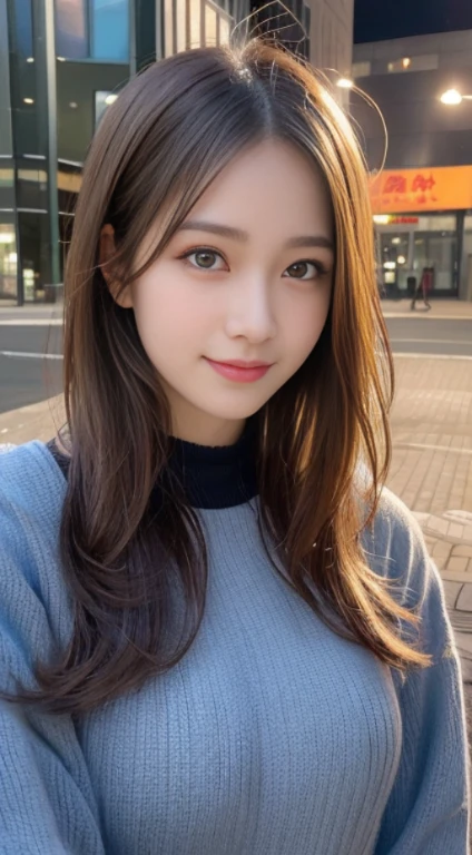 masutepiece, Best Quality, Illustration, Ultra-detailed, finely detail, hight resolution, 8K Wallpaper, Perfect dynamic composition, Beautiful detailed eyes, Winter dress,Medium Hair, Small breasts, Natural Color Lip, Random and sexy poses,Smile,Big city、20 years girl、Midnight、beautifull detailed face、Perfect and beautiful face,Big eyes