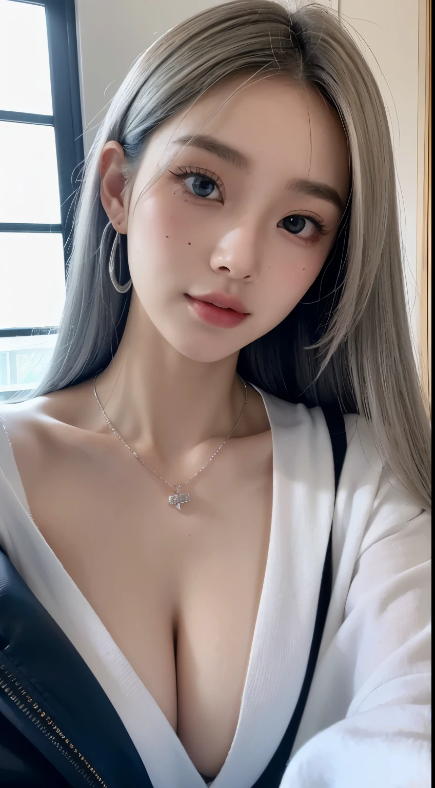 in a panoramic view， 1girll，20yr old，Delicate face shape，is very beautiful， 独奏， [lustrous Some hair，light grey hair： lightblue hair：0.2]， jewely，Silver necklace， looking at viewert， ssmile，黑The eye，Perfect and beautiful face shape，Detailed and perfect body shape，Perfect Finger， long whitr hair， The shirt， station， streaked， inside in room， 耳Nipple Ring，Beautuful Women， hight contrast， natta， deep colour， （freckle：0.1）