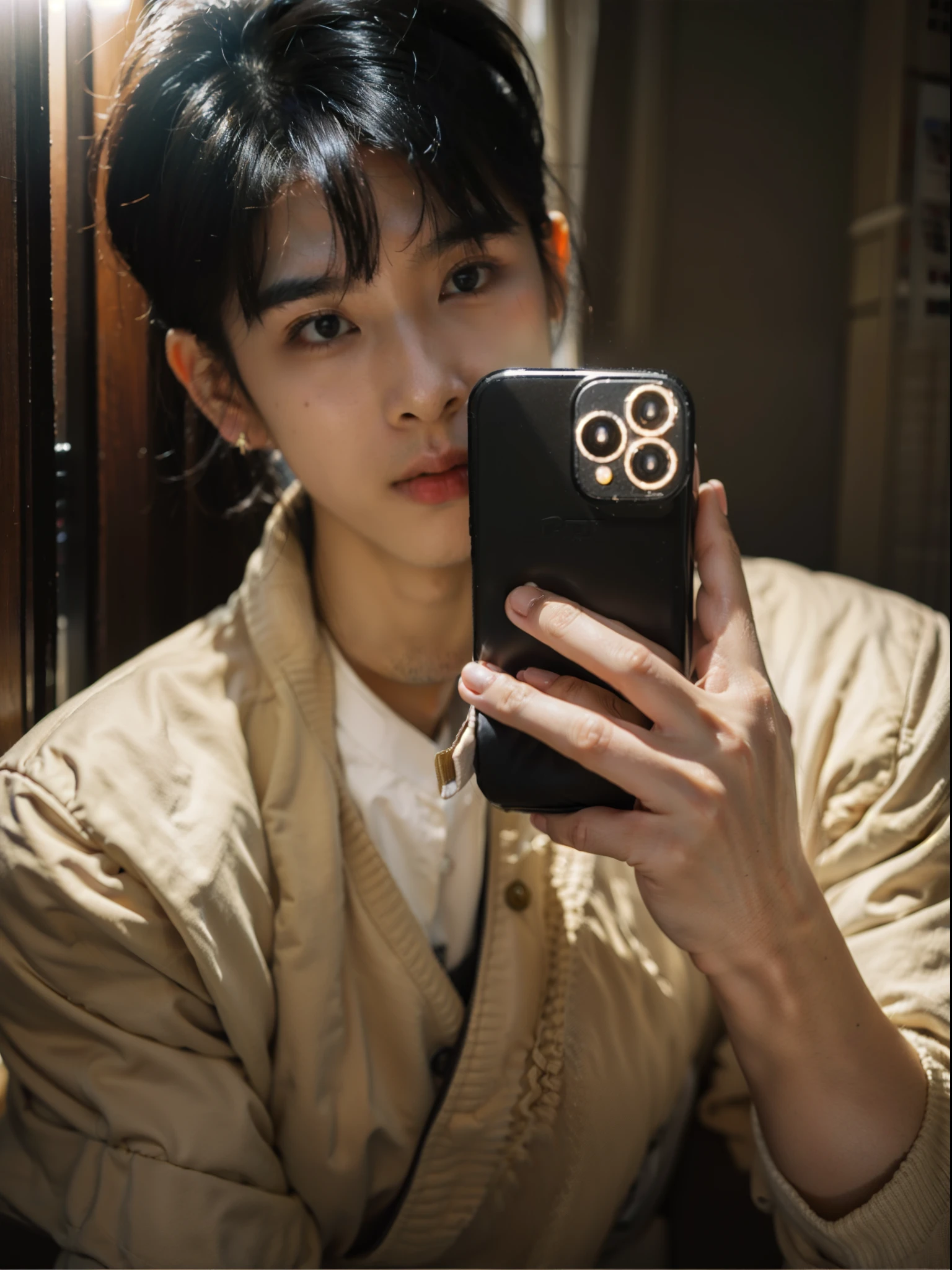 asian male model、inside in room、Delicate facial featurelack color hair,Confused background,