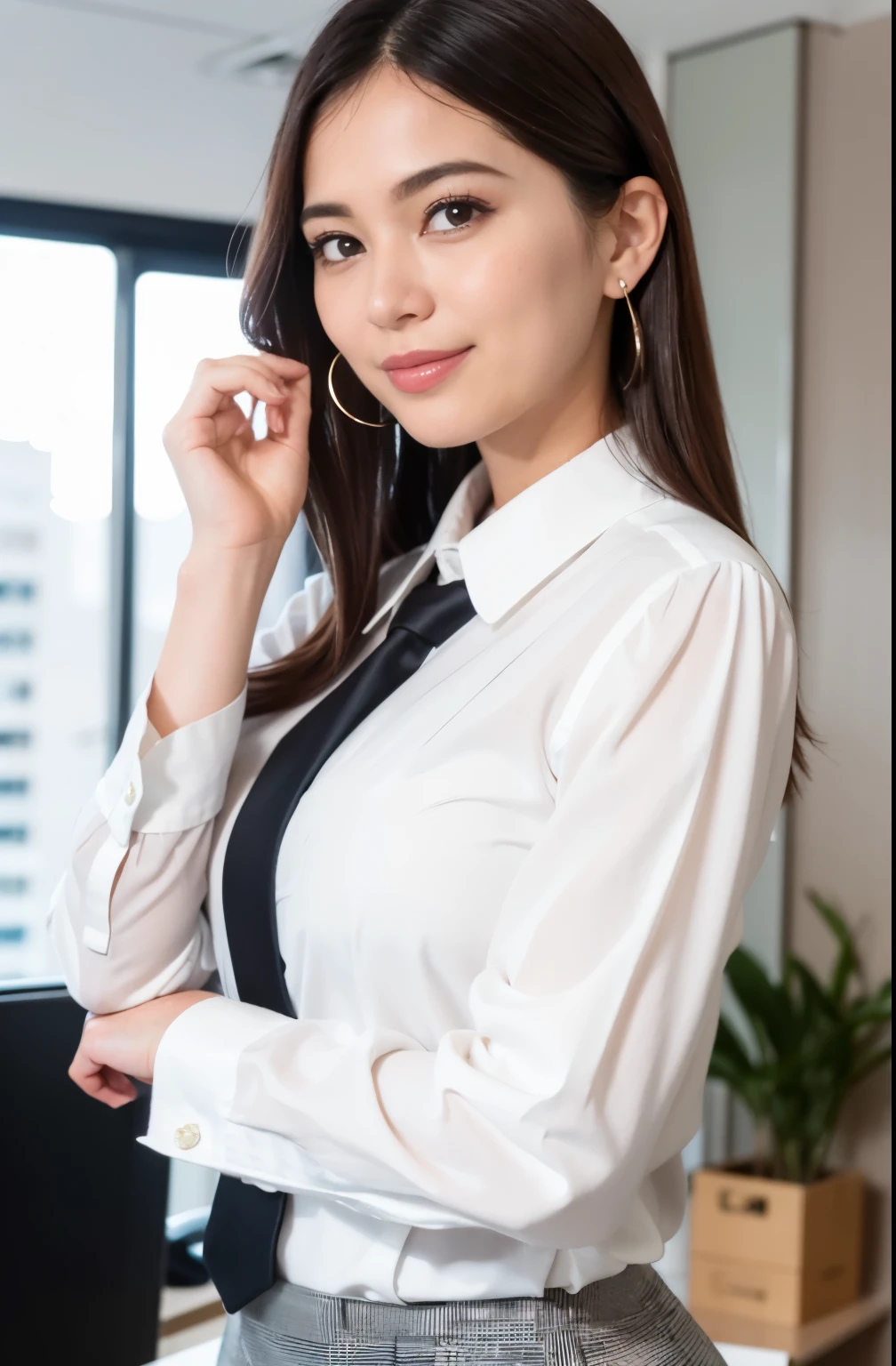1 mulher SEO de uma Empresa de sucesso , sozinho, separated-lips, office lady, business attire,
fundo branco, arms behind her head, lado olhando para a plateia, sorrindo,
