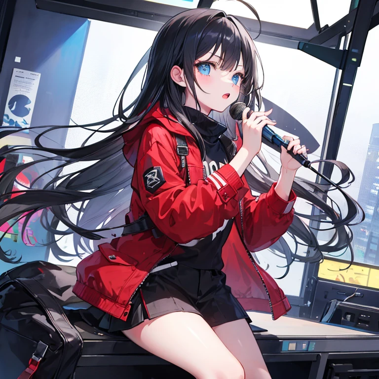 A cool girl,Long black hair and blue eyes,Red and black mixed jacket,singers