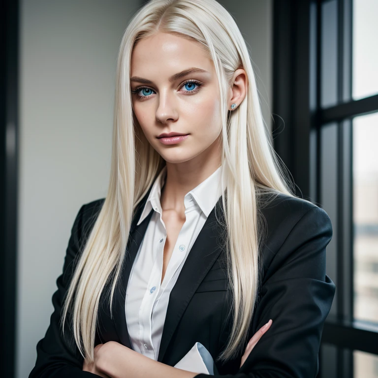 Realistic photograph, portrait, plain background, solo woman, 20 year old woman, Pale blue eyes, Long sleek platinum blonde hair Fair borderline pale skin, toned build with lean defined muscle, black formal pants, button up shirt, black blazer, smirking