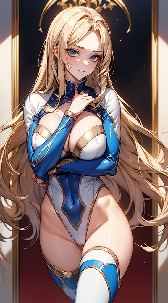 ((masterpiece)), ((high quality)), ((super detailed)), ((high resolution)) ,((8k)),a beautiful woman, ((She is one of the most famous actress in Japan.)), unparalleled beauty, ((large breast)), ((large ass)), ((deep cleavage)), slim waist, chest out, ultra detailed face, perfect skin, (((waist length hair, ((long straight golden hair)), crossed bangs))), blue eyes, detailed eyes, whole body image, sexy, an inviting smile, sensual, (((anime))), ((glamorous)), sexual attraction ,23 years old, ((incredibly beautiful woman)), ((The H cup bust)), ((((sexy pose)))), ((neat and clean.)) , (((Power Ranger))), heroine, (((high leg leotard power suit, white line on blue colored power suit, Reinforced power suit))), ((beautiful breasts)), beautiful legs, 8 life size, anime, wet, the most beautiful and strongest, ((charm)), ((gravure pose)),((british beauty)), R-18,