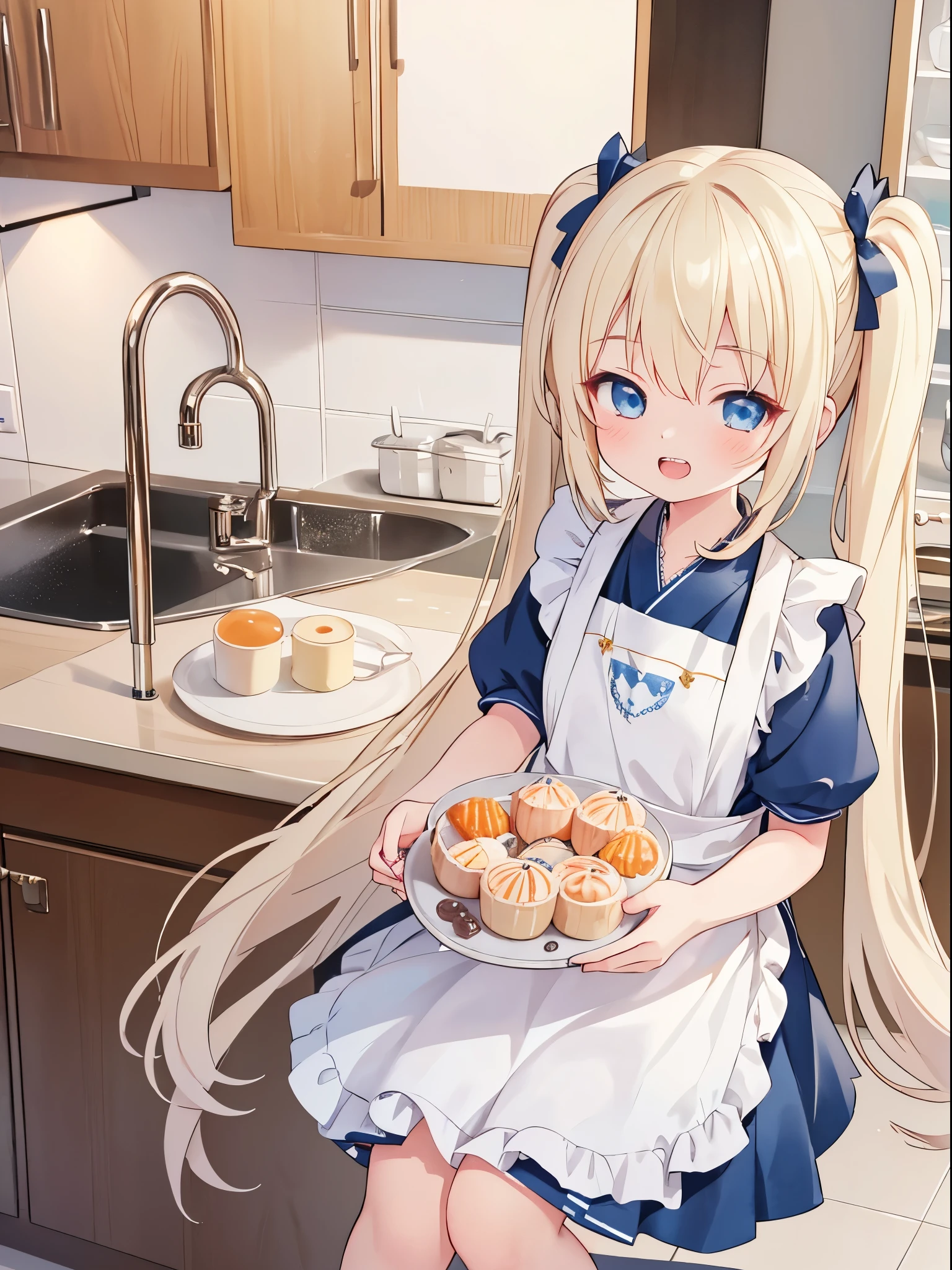 (best quality,4k,very detailed),cute girl,light blond hair,blue eyes,very long twin tails,laughing,double teeth,closed eyes,looking at viewer,lens flare,cute apron,kitchen,sweets