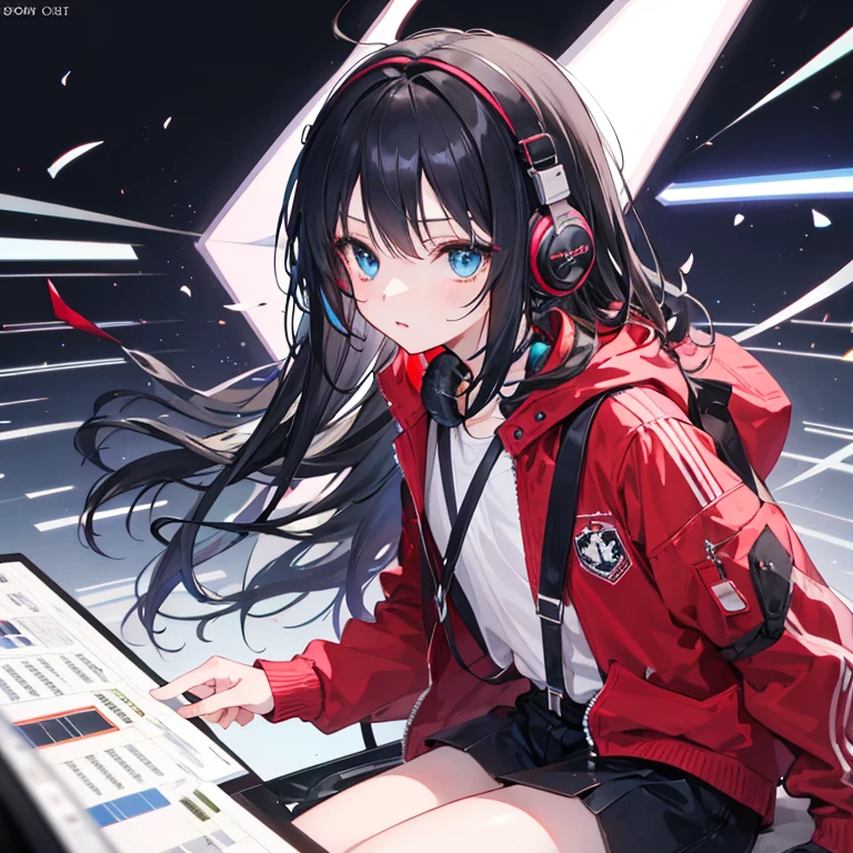 A cool little girl,Long black hair and blue eyes,Red and black mixed jacket,Suspenders,Music Director,Black headphones