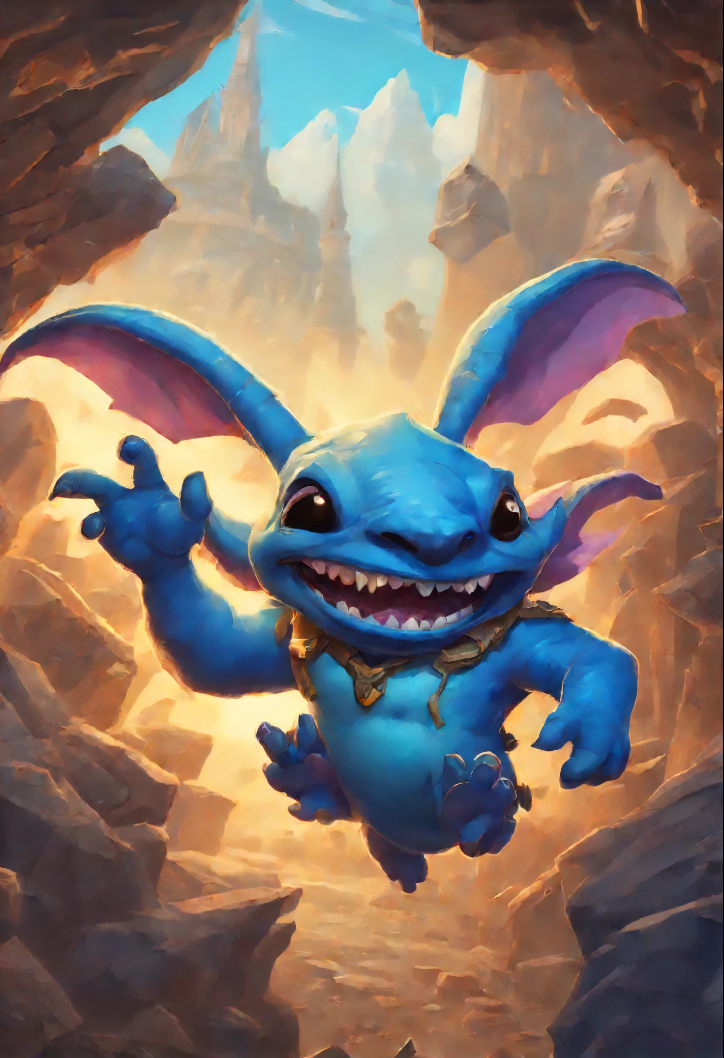cartoon character blue stitch from the animated series "Lilo and Stitch",  Stitch blue alien creature, flying across the sky, From Hearthstone, Hearthstone Card Art, Hearthstone Card Game Cover, The Art of Hearthstone, Hearthstone Card Artwork, Hearthstone Card Game Cover. ", Hearthstone Splash Art, in The Art of Hearthstone style, Hearthstone art, The Art of Hearthstonework, fantasy The Art of Hearthstone style, official splash art, hearthstone official splash art, adorable digital painting