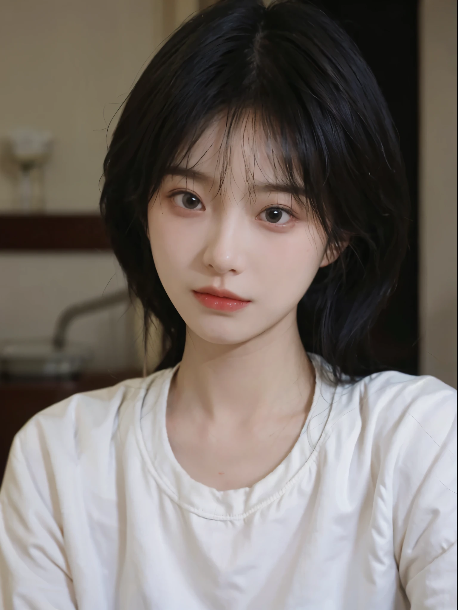 Best quality, 超高分辨率, (realistically:1.4),There is a woman wearing a sweater and a white shirt, 年轻Cute Korean face, 有着Cute and delicate face蛋, a cute young woman, she has a cute face, Cute Korean face, pale milky white porcelain skin, Cute and delicate face, ulzzangs, thick collar, Baiji haircut hairstyle