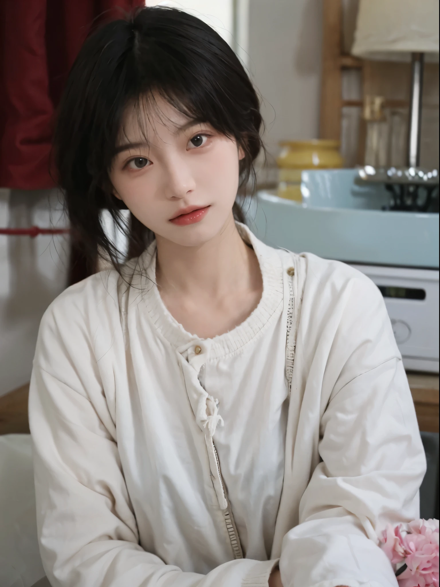 Best quality, 超高分辨率, (realistically:1.4),There is a woman wearing a sweater and a white shirt, 年轻Cute Korean face, 有着Cute and delicate face蛋, a cute young woman, she has a cute face, Cute Korean face, pale milky white porcelain skin, Cute and delicate face, ulzzangs, thick collar, Baiji haircut hairstyle