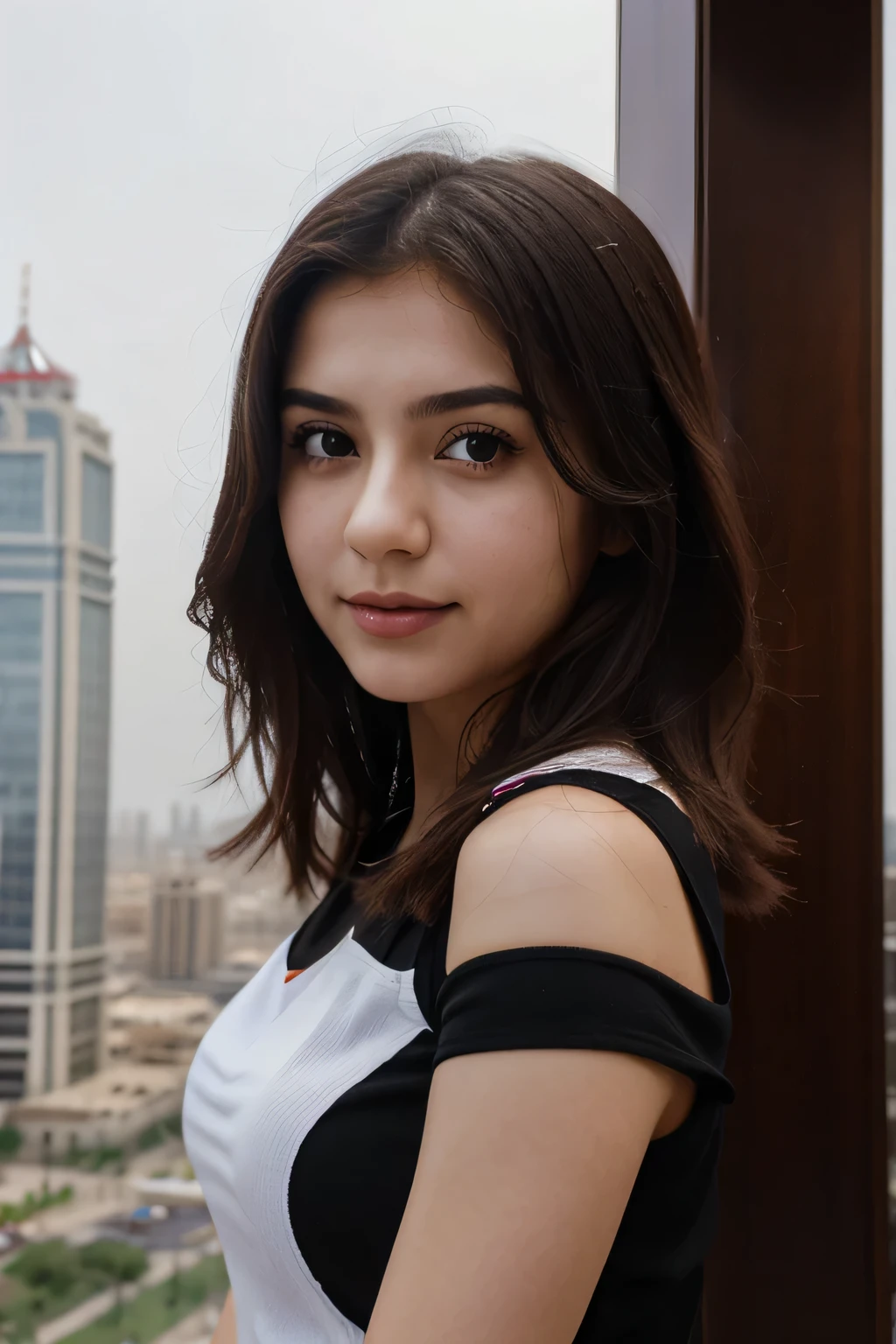 masterpiece,best quality, 1girl, solo, slight smile, slight smile, cherry, azerbaijani girl, flame tower